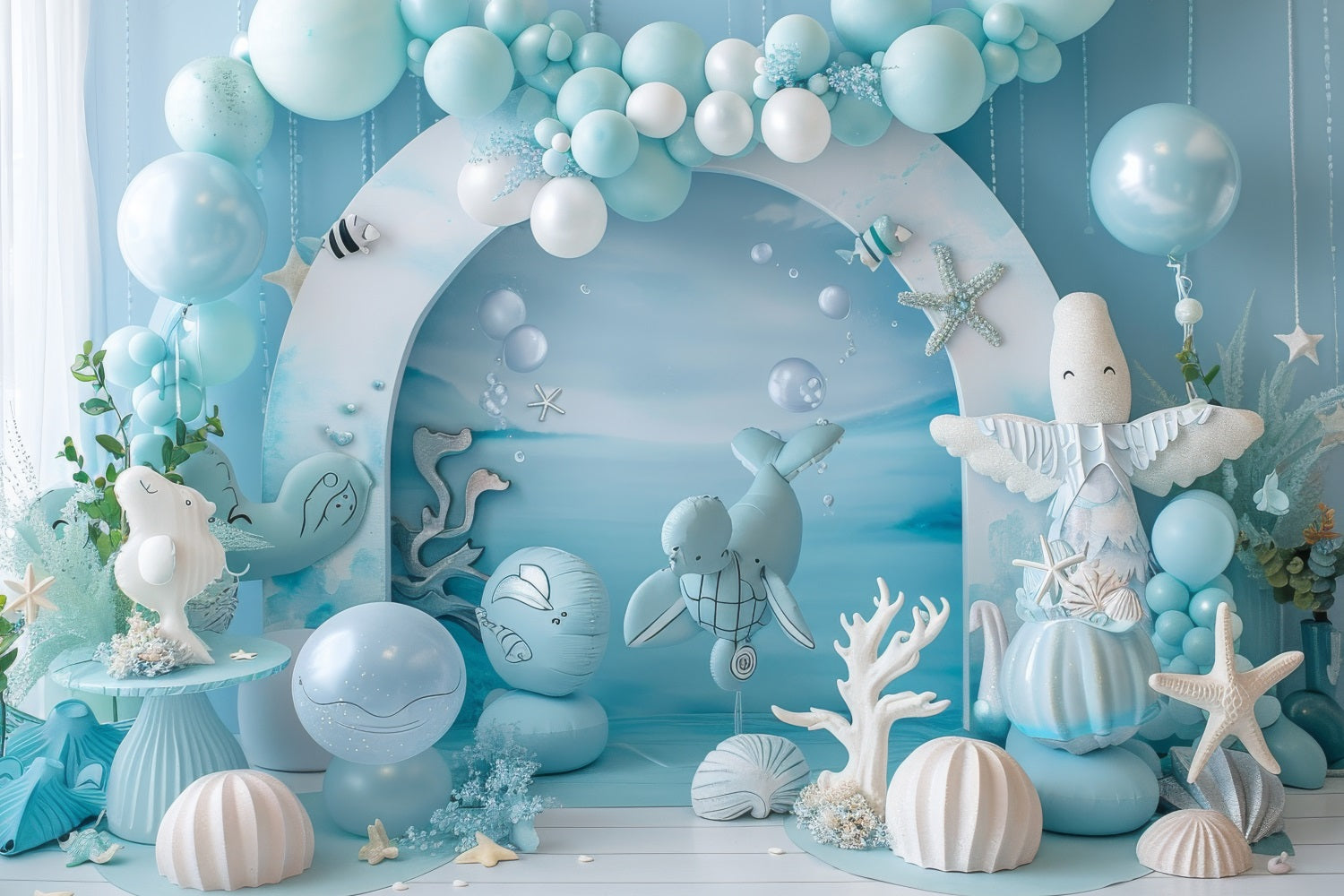 Toile de fond Sirène Anniversaire Créatures Océaniques Ballons Bleus BRP12-90