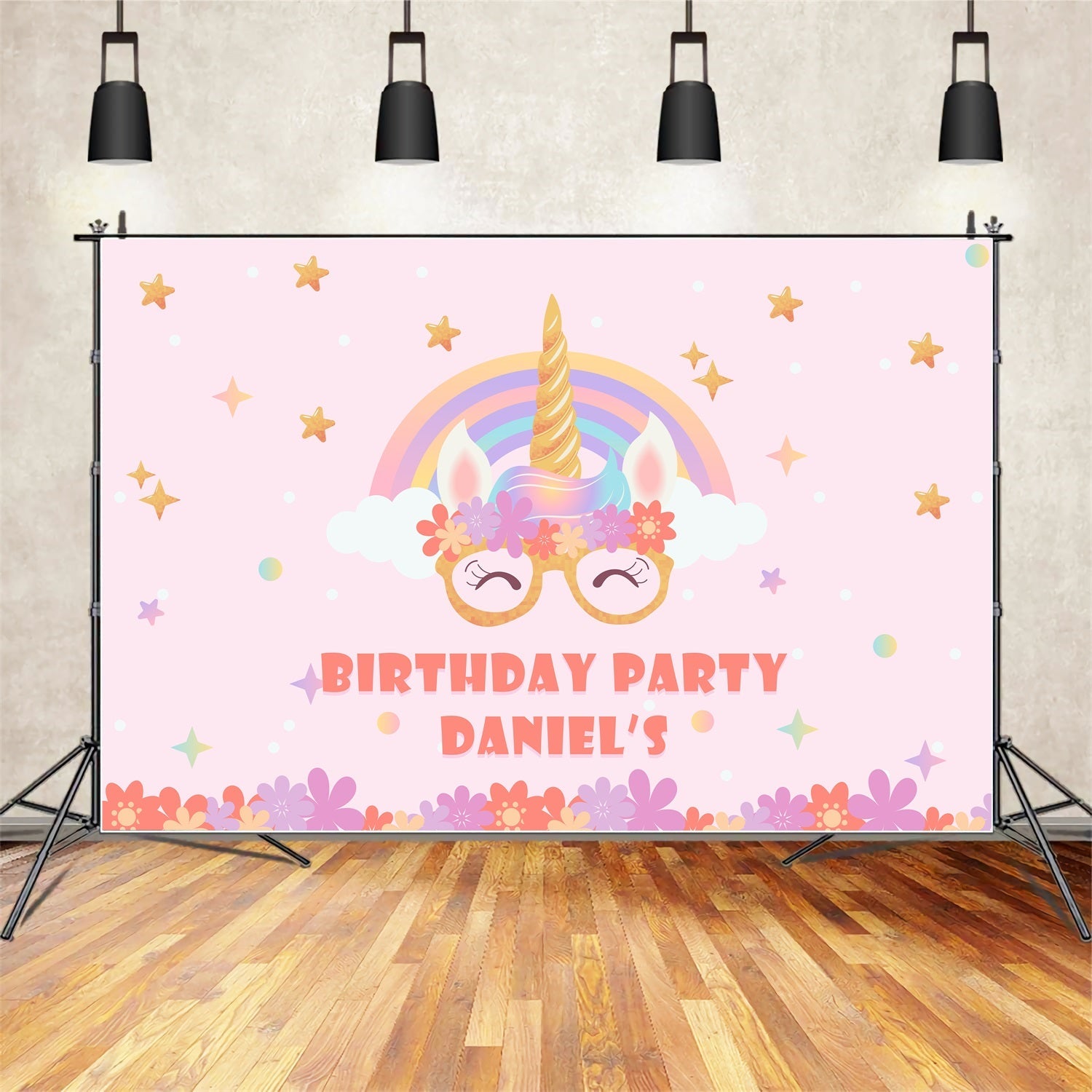 Toile de fond Anniversaire Personnalisable Arc-en-ciel Licorne Floral BRP2-115