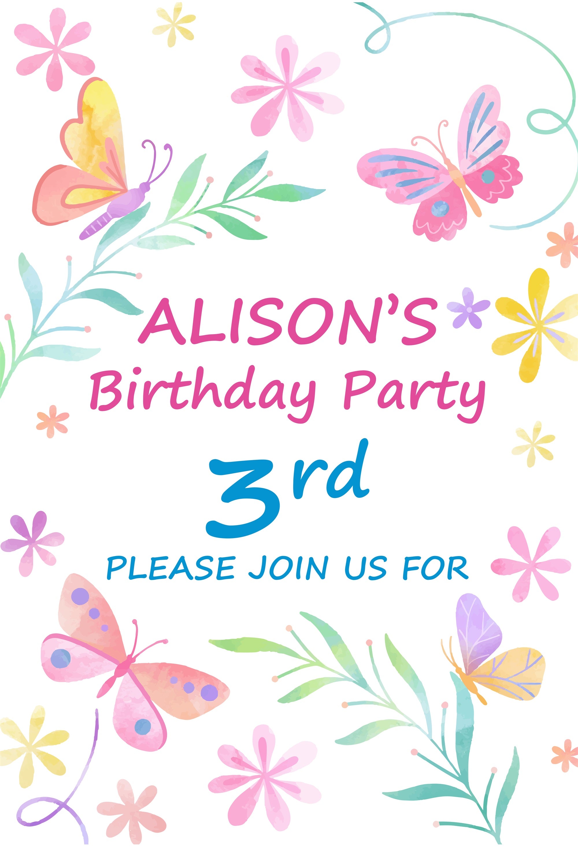 Toile de fond Anniversaire Personnalisable 3e Jardin Papillon Aquarelle BRP2-116