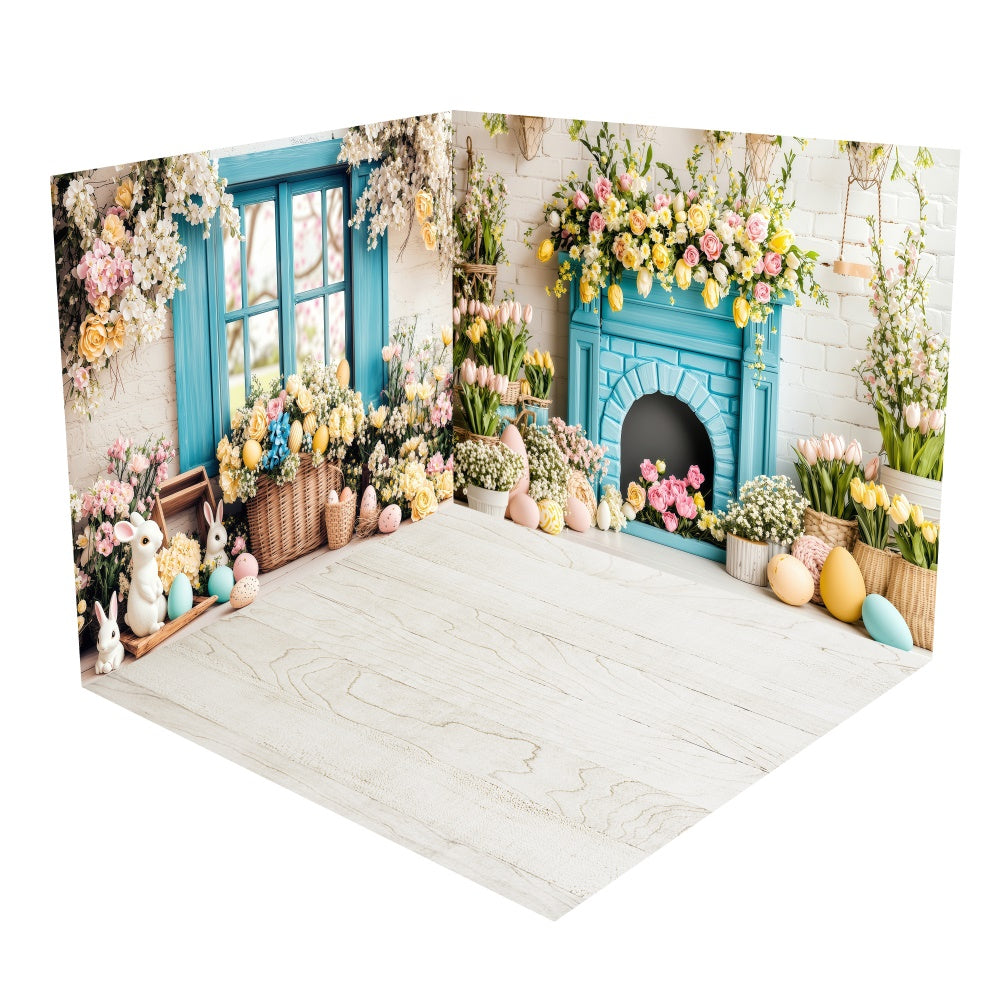 Ensemble de Salle Fenêtre Bleue Vintage Lapin de Pâques BRP2-20