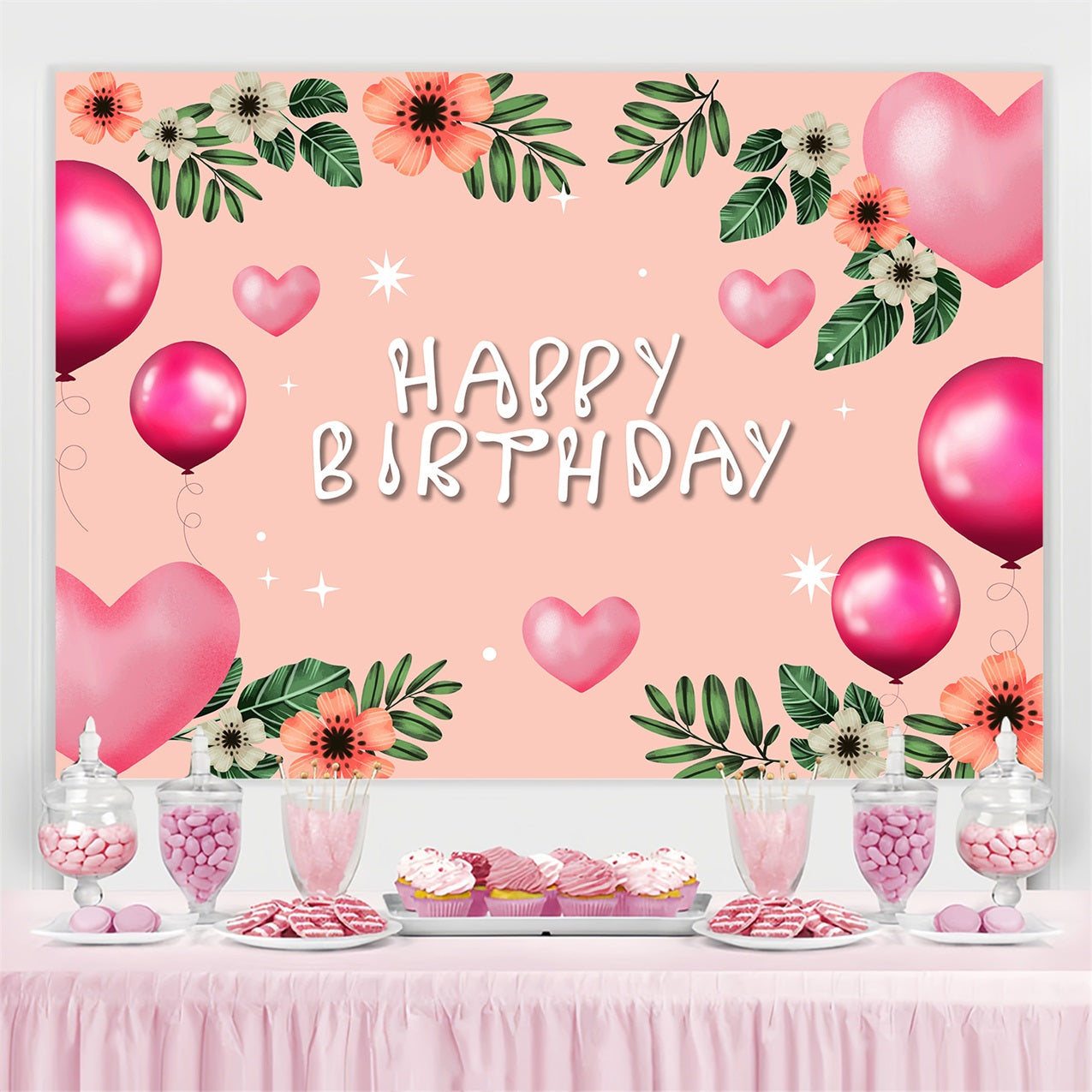 Toile de fond Anniversaire Personnalisable Ballons Floraux Rose BRP2-217