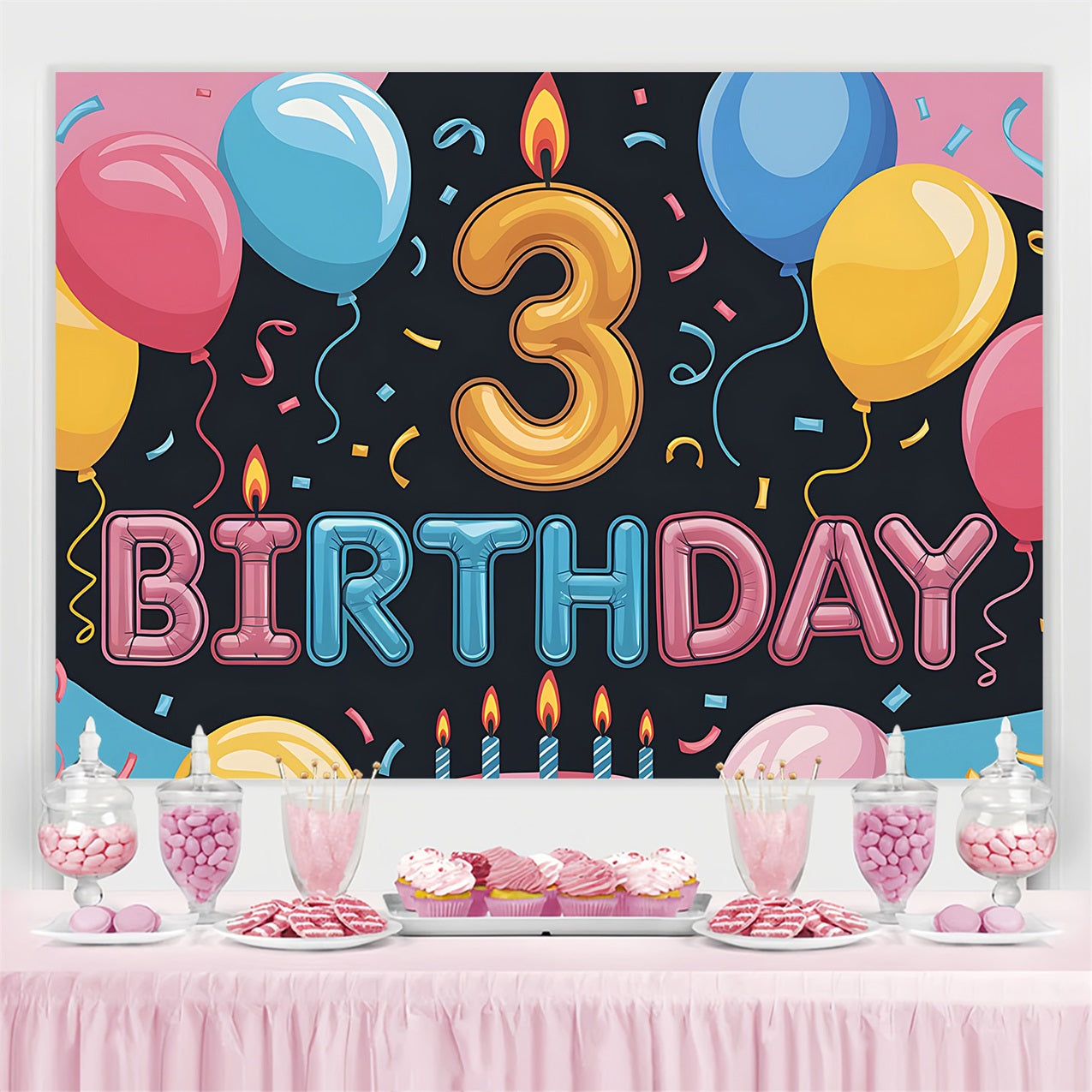 Toile de fond Deco Anniversaire Joyeux 3ème Ballons BRP2-220