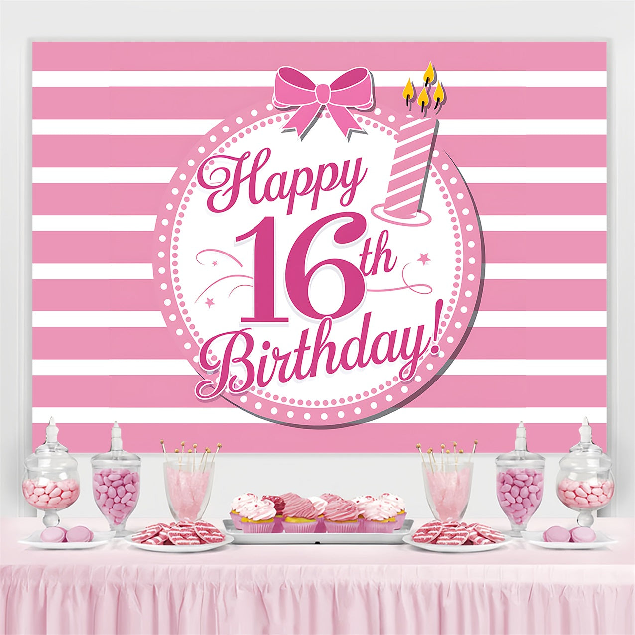 Toile de fond Anniversaire Personnalisé Sweet 16 Rayures Roses BRP2-225