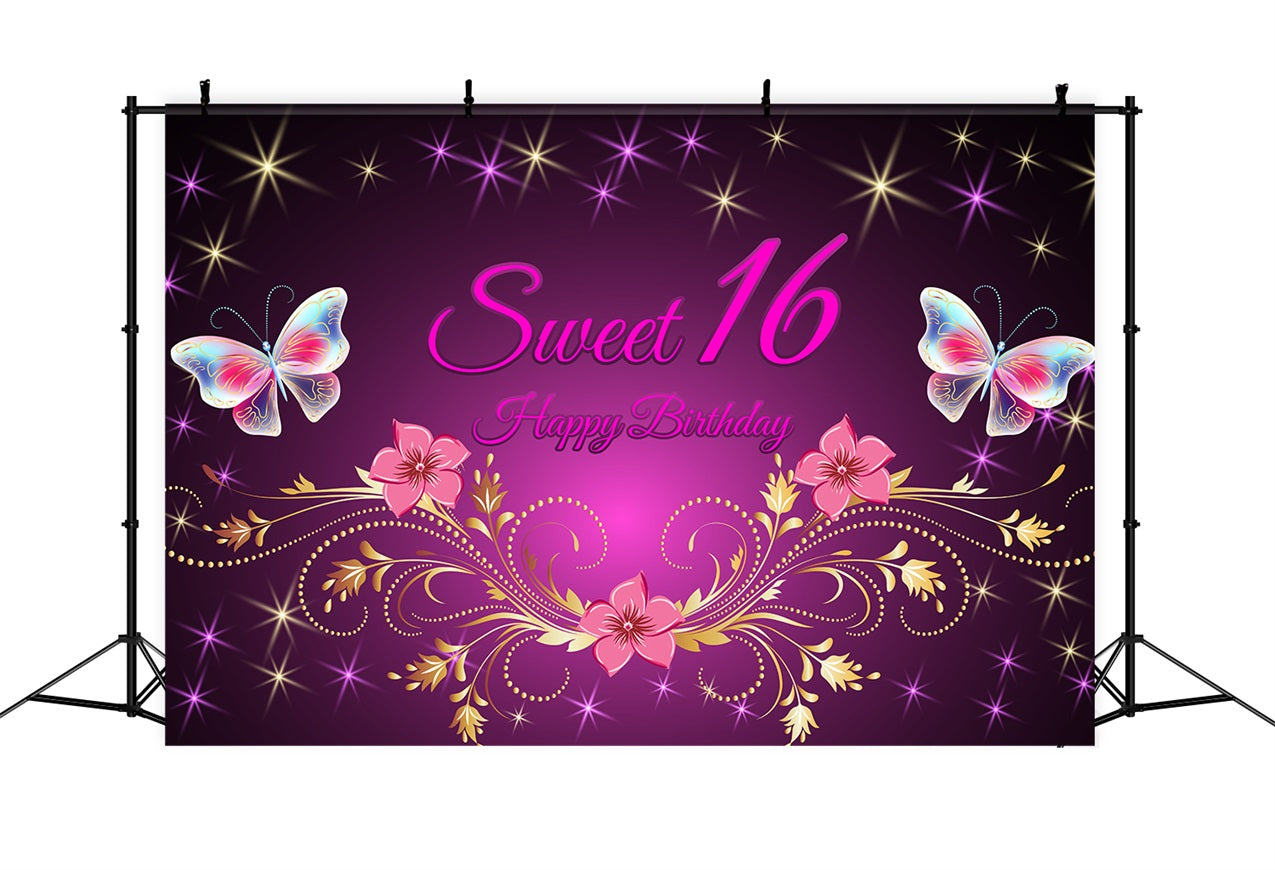Toile de fond Deco Anniversaire Sweet 16 Floral Or Violet BRP2-226