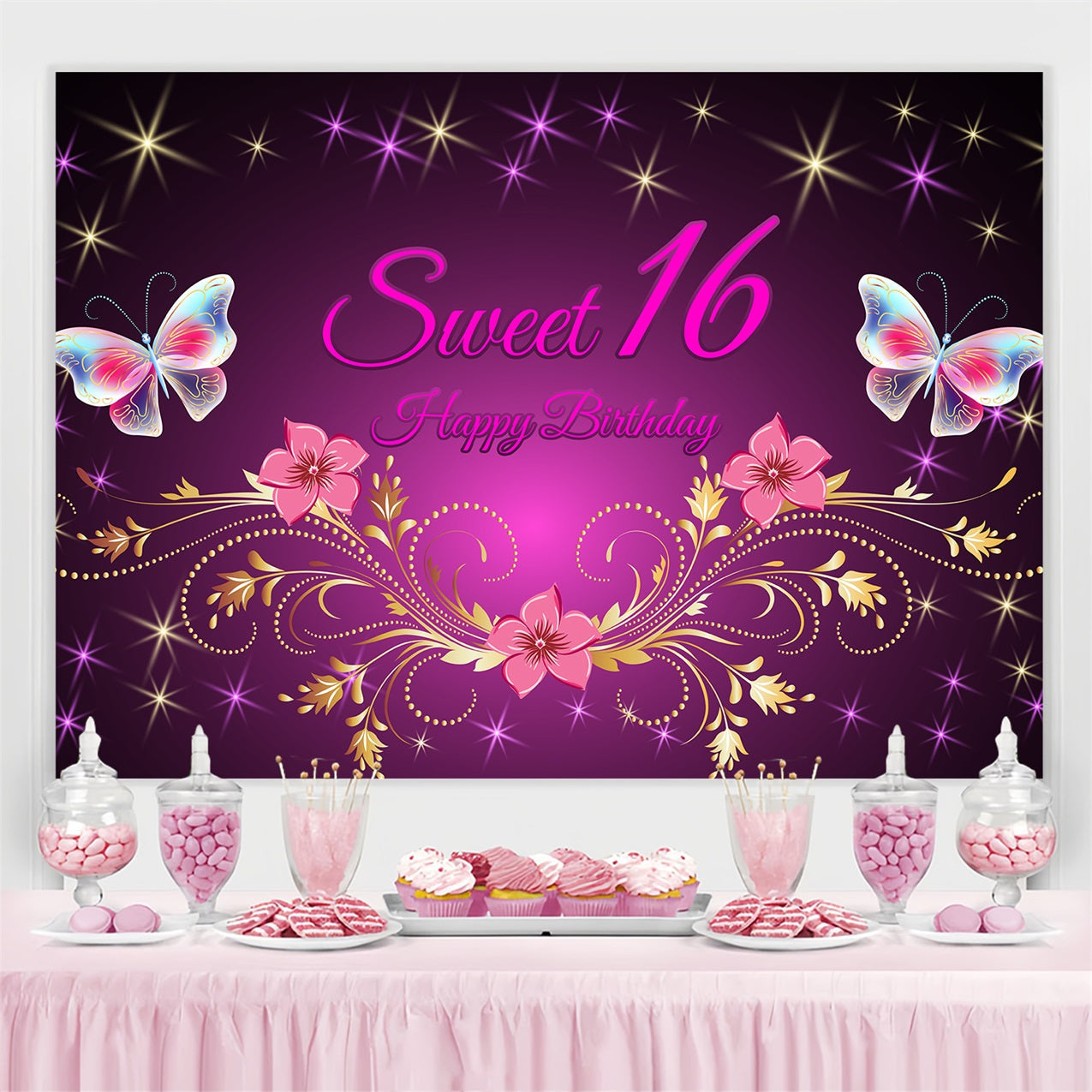 Toile de fond Deco Anniversaire Sweet 16 Floral Or Violet BRP2-226