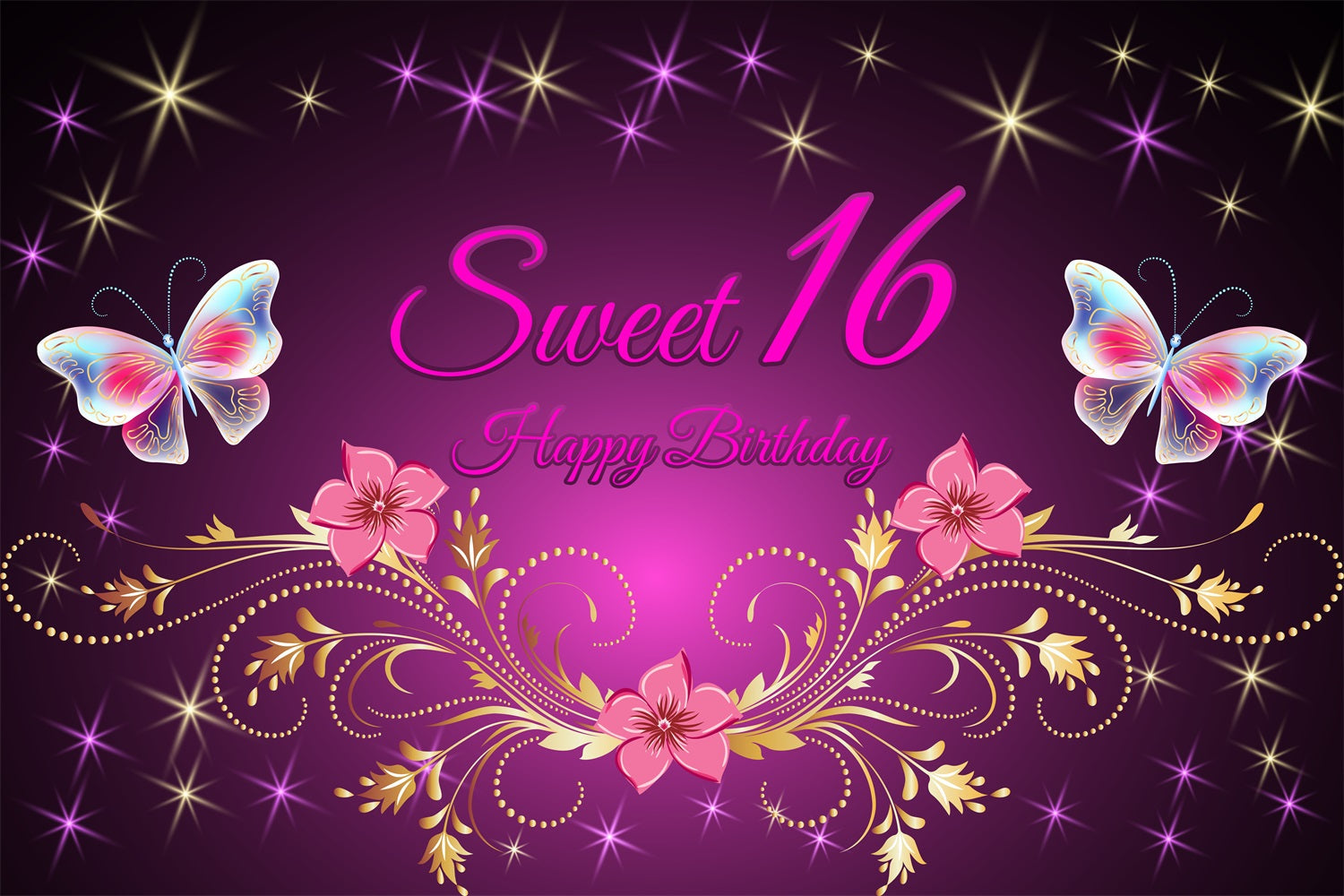 Toile de fond Deco Anniversaire Sweet 16 Floral Or Violet BRP2-226
