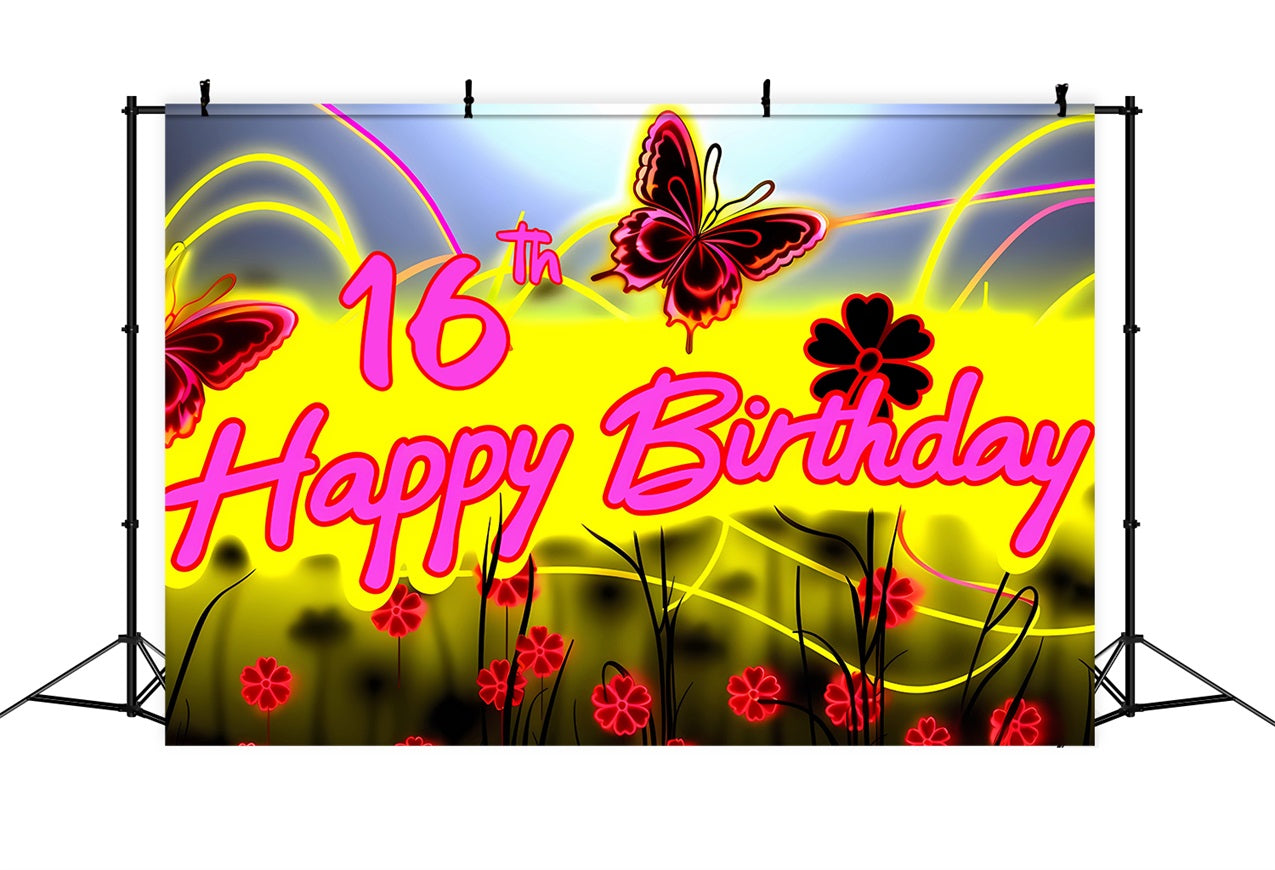 Toile de fond Anniversaire Personnalisable Néon Papillon Lumineux 16ème BRP2-227