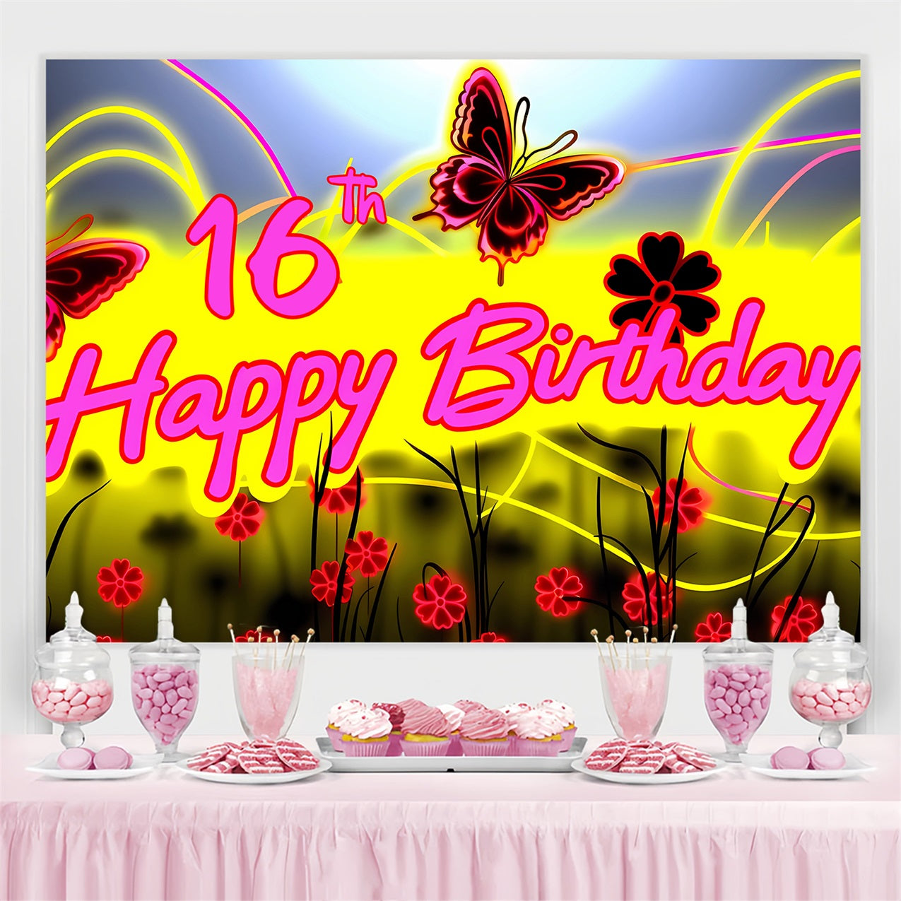 Toile de fond Anniversaire Personnalisable Néon Papillon Lumineux 16ème BRP2-227