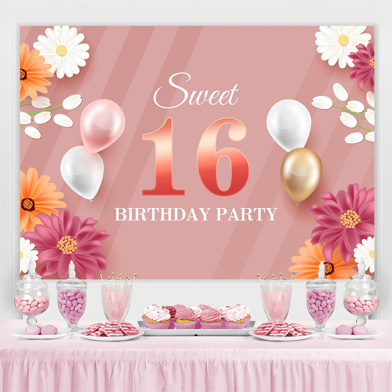 Toile de fond Personnalisable Anniversaire Sweet 16 Ballons Floraux BRP2-228