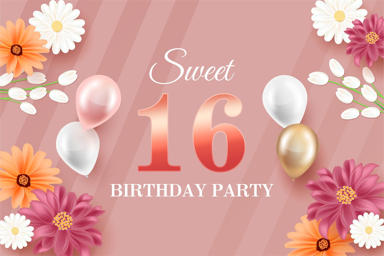 Toile de fond Personnalisable Anniversaire Sweet 16 Ballons Floraux BRP2-228