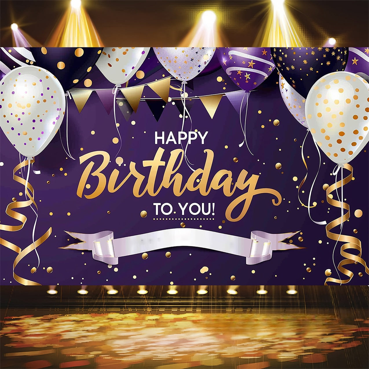 Toile de fond Deco Anniversaire Ballons Or Violet Scintillant BRP2-243