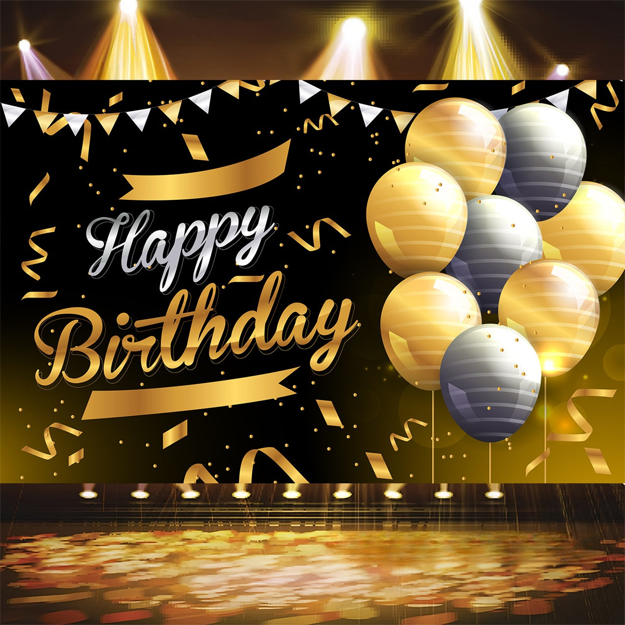 Toile de fond Personnalisable Anniversaire Ballons Noir Or BRP2-244