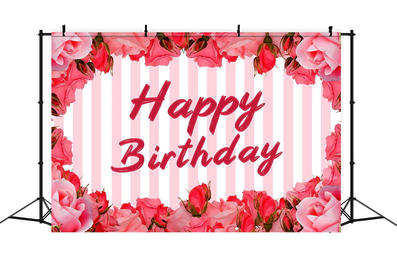 Toile de fond Photo Anniversaire Rayures Roses Fleurs BRP2-247