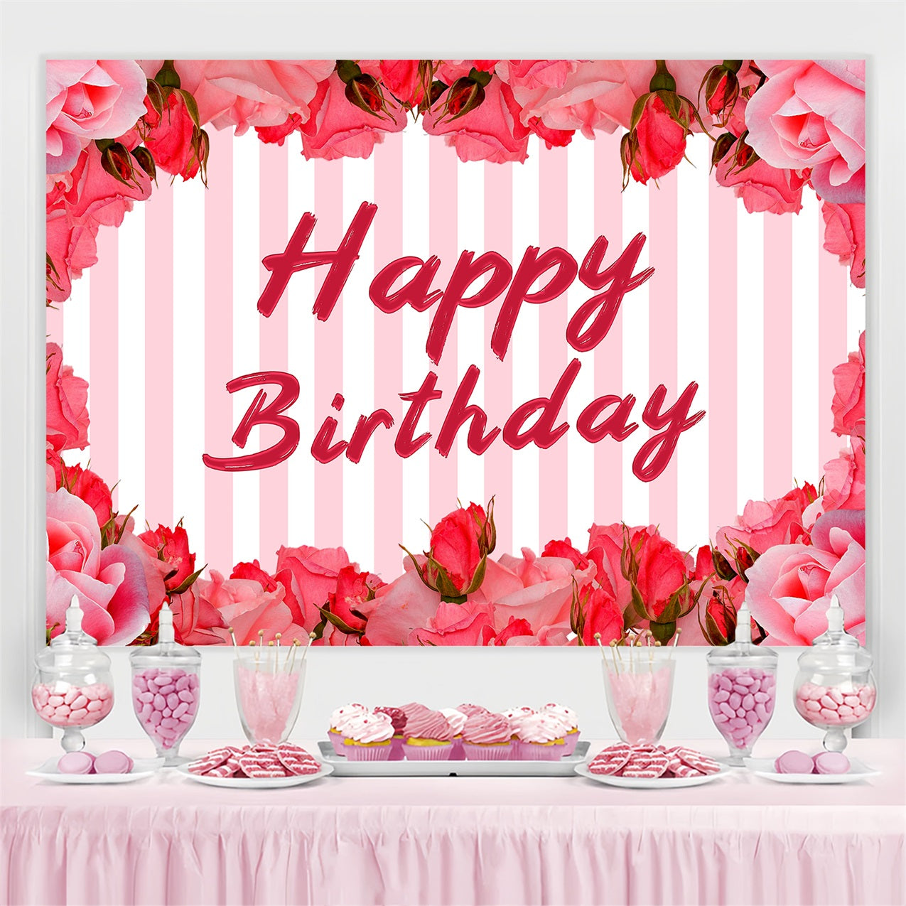 Toile de fond Photo Anniversaire Rayures Roses Fleurs BRP2-247