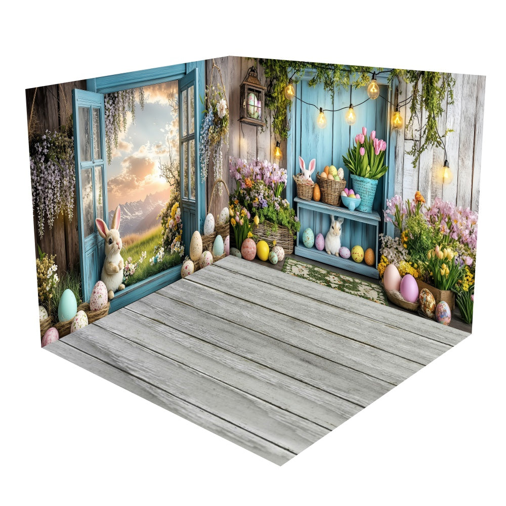 Ensemble de Salle Fenêtre Bleue Vintage Scène de Pâques BRP2-33