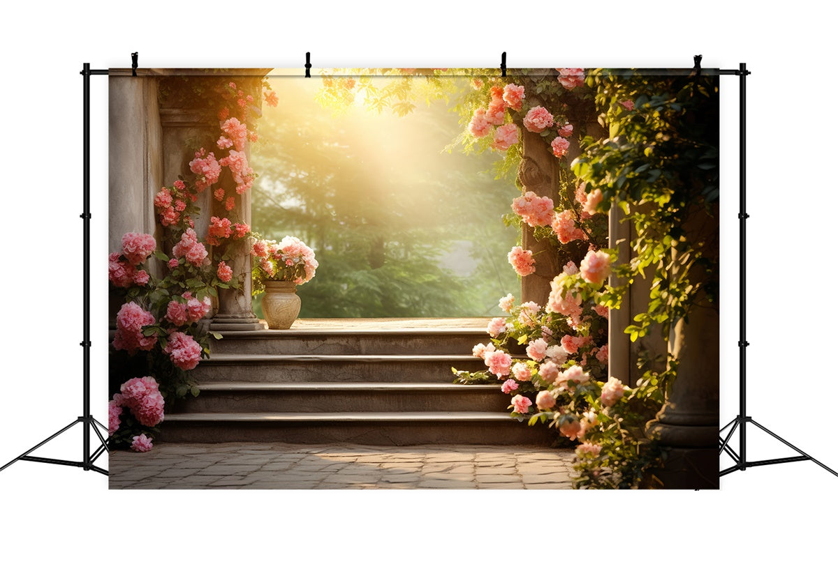 Fond Photo Floral Escaliers de Jardin de Roses Romantiques BRP2-91
