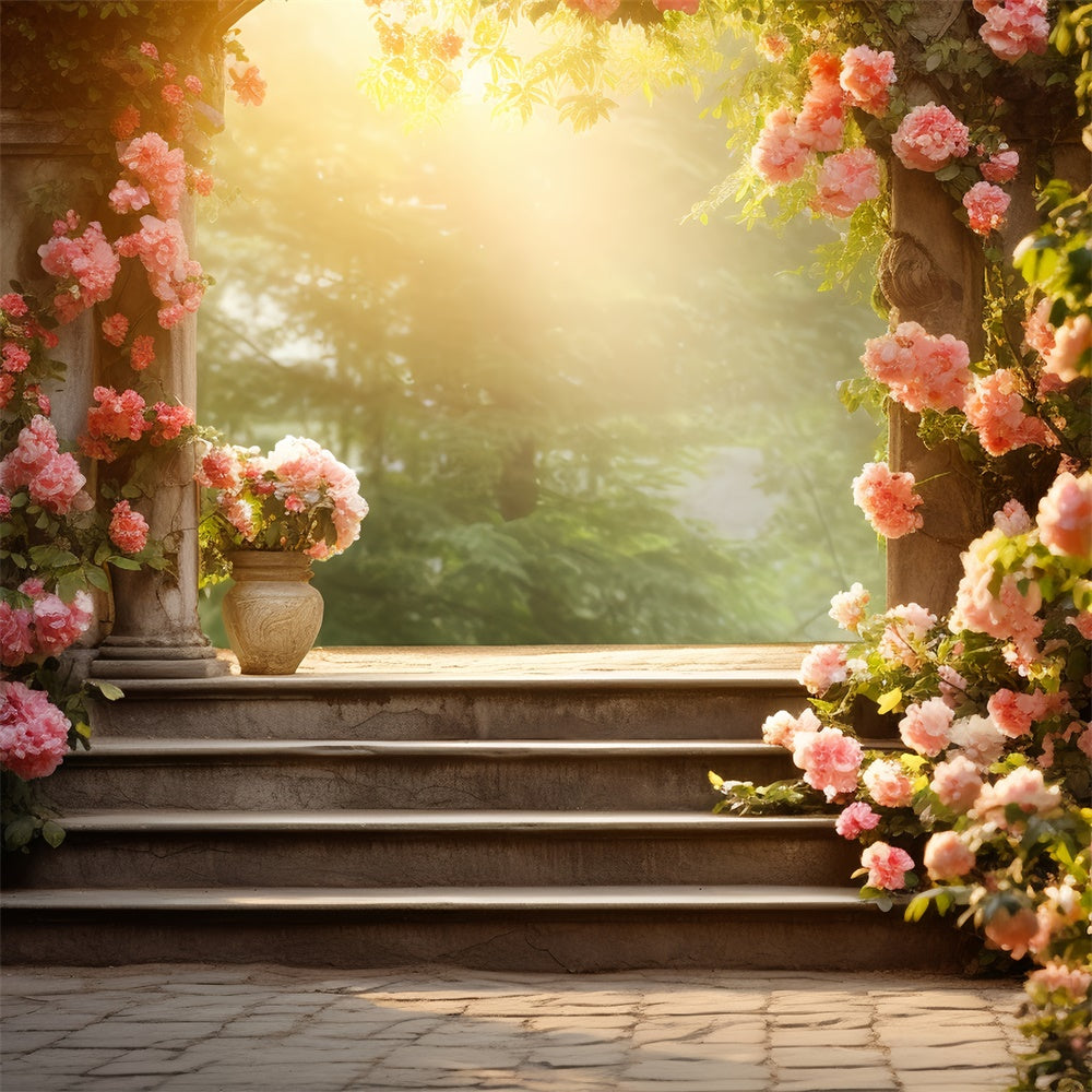 Fond Photo Floral Escaliers de Jardin de Roses Romantiques BRP2-91