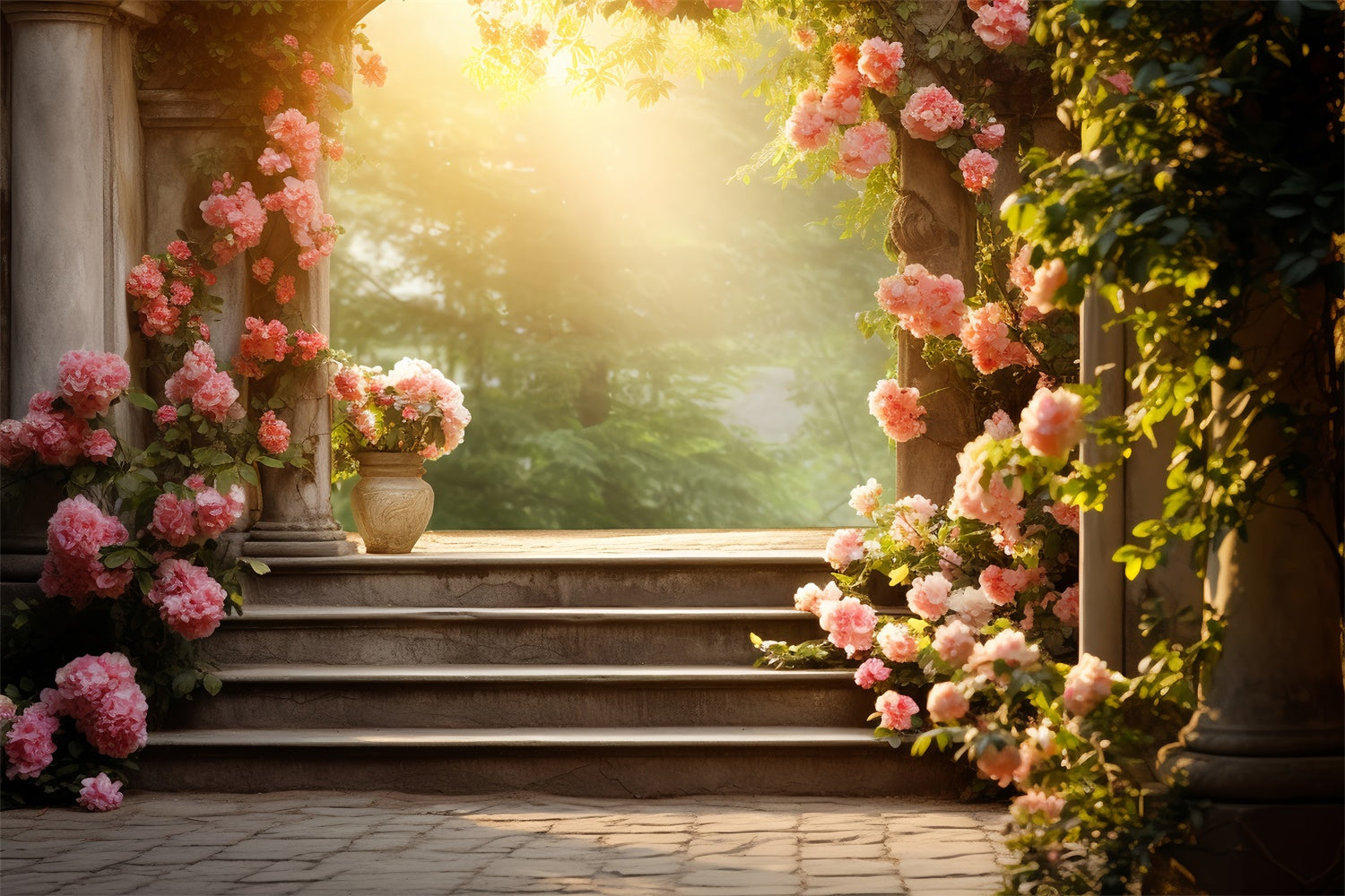 Fond Photo Floral Escaliers de Jardin de Roses Romantiques BRP2-91