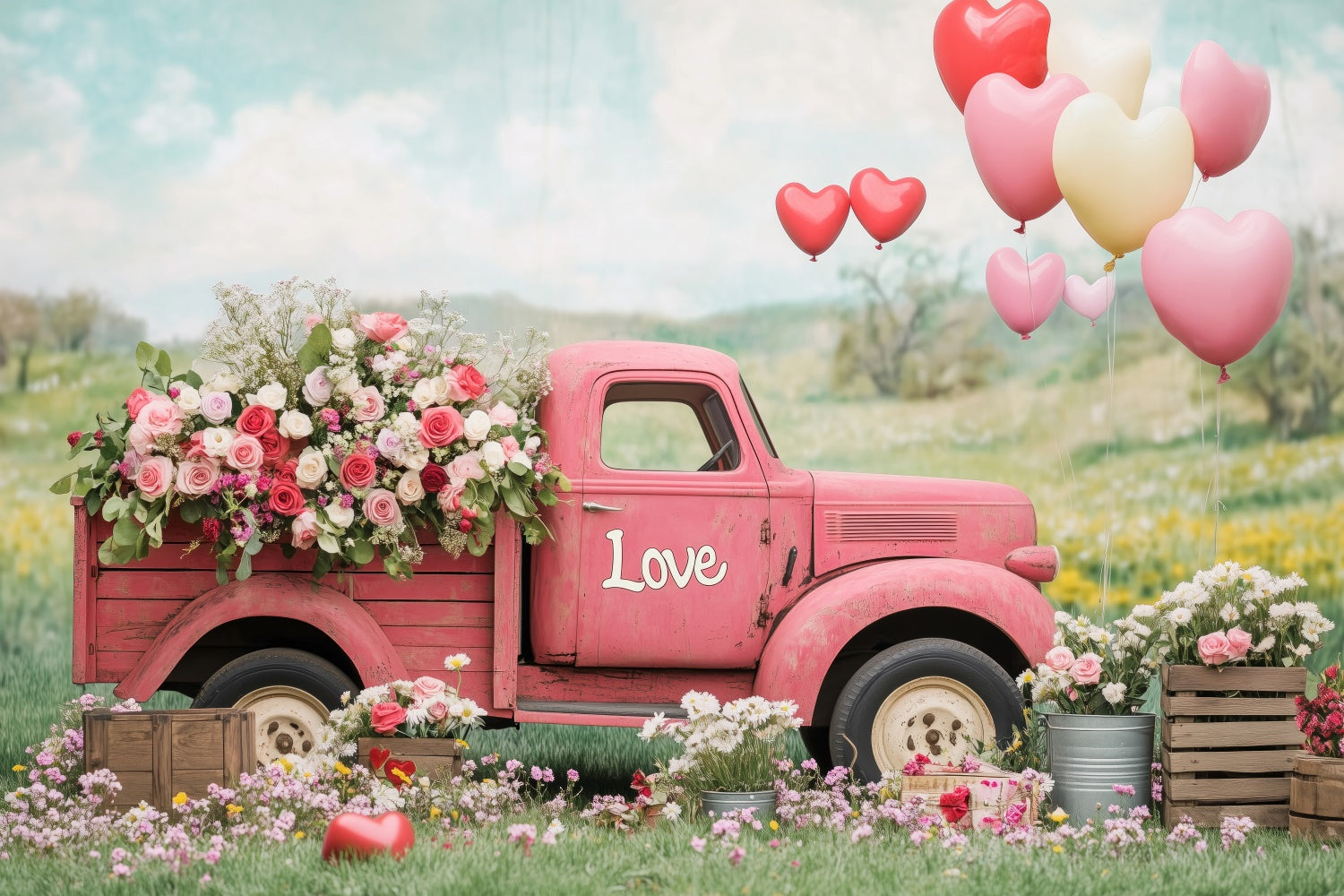Fond Photo Fleur Camion Vintage Roses Ballon BRP2-96