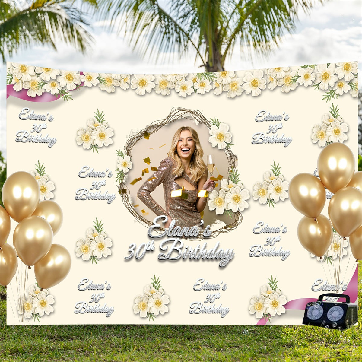 Toile de fond Anniversaire Personnalisable Épanouissement Ivoire Chic 30ème BRP3-103