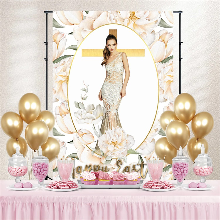Religious Easter Backdrops Or Croix Floral Personalized Backdrop BRP3-184