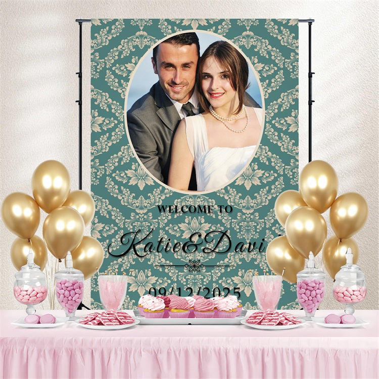 Toile de Fond Photo Mariage Damassé Teal Modèle Personnalisée BRP3-208