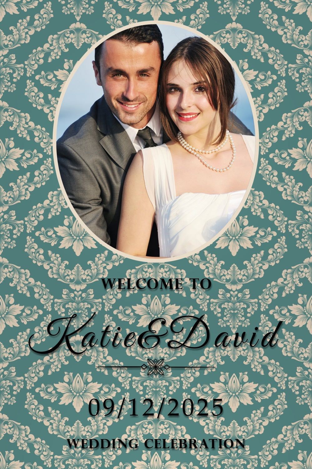 Toile de Fond Photo Mariage Damassé Teal Modèle Personnalisée BRP3-208