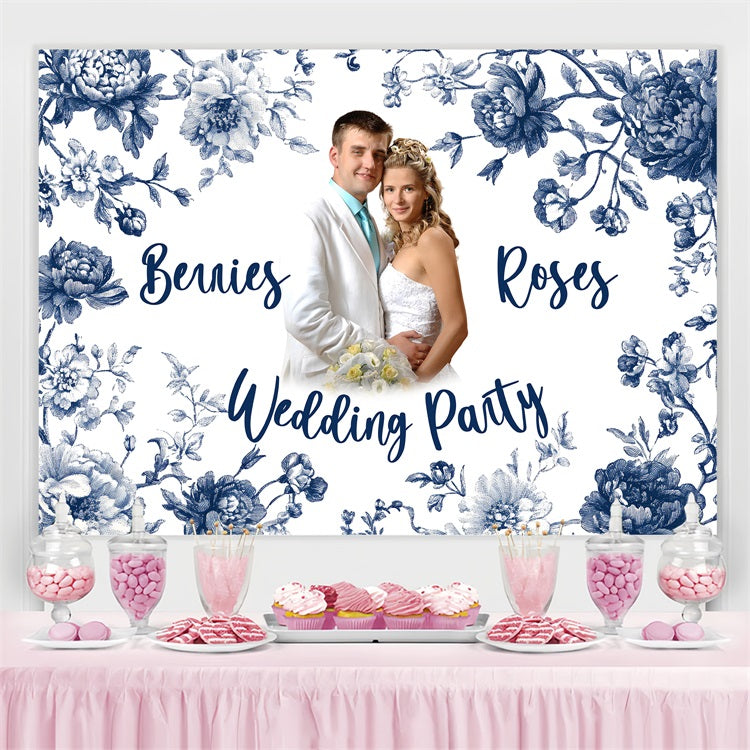 Toile de Fond Photo Mariage Personnalisée Encre Bleue Florale Personnalisée BRP3-209