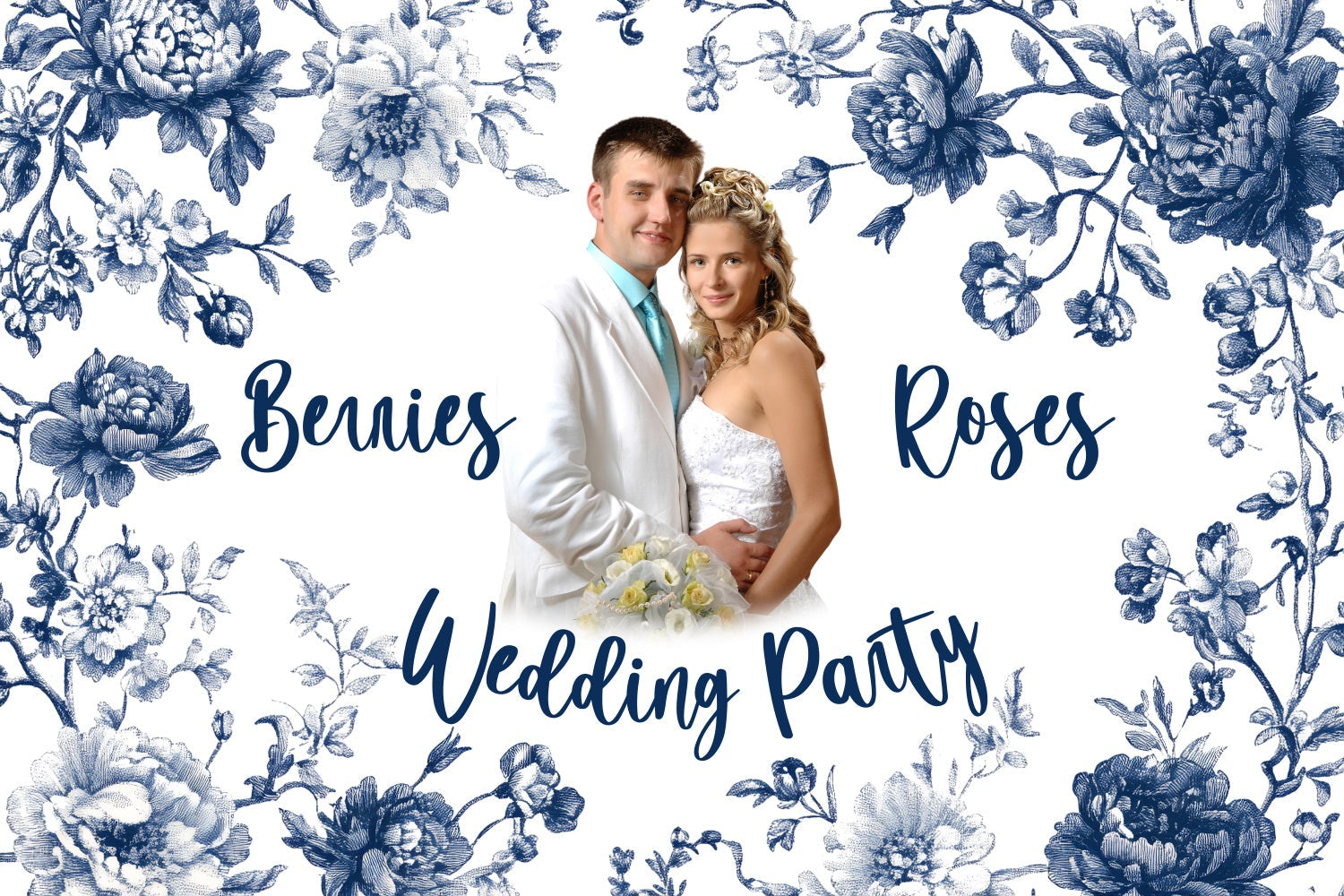 Toile de Fond Photo Mariage Personnalisée Encre Bleue Florale Personnalisée BRP3-209