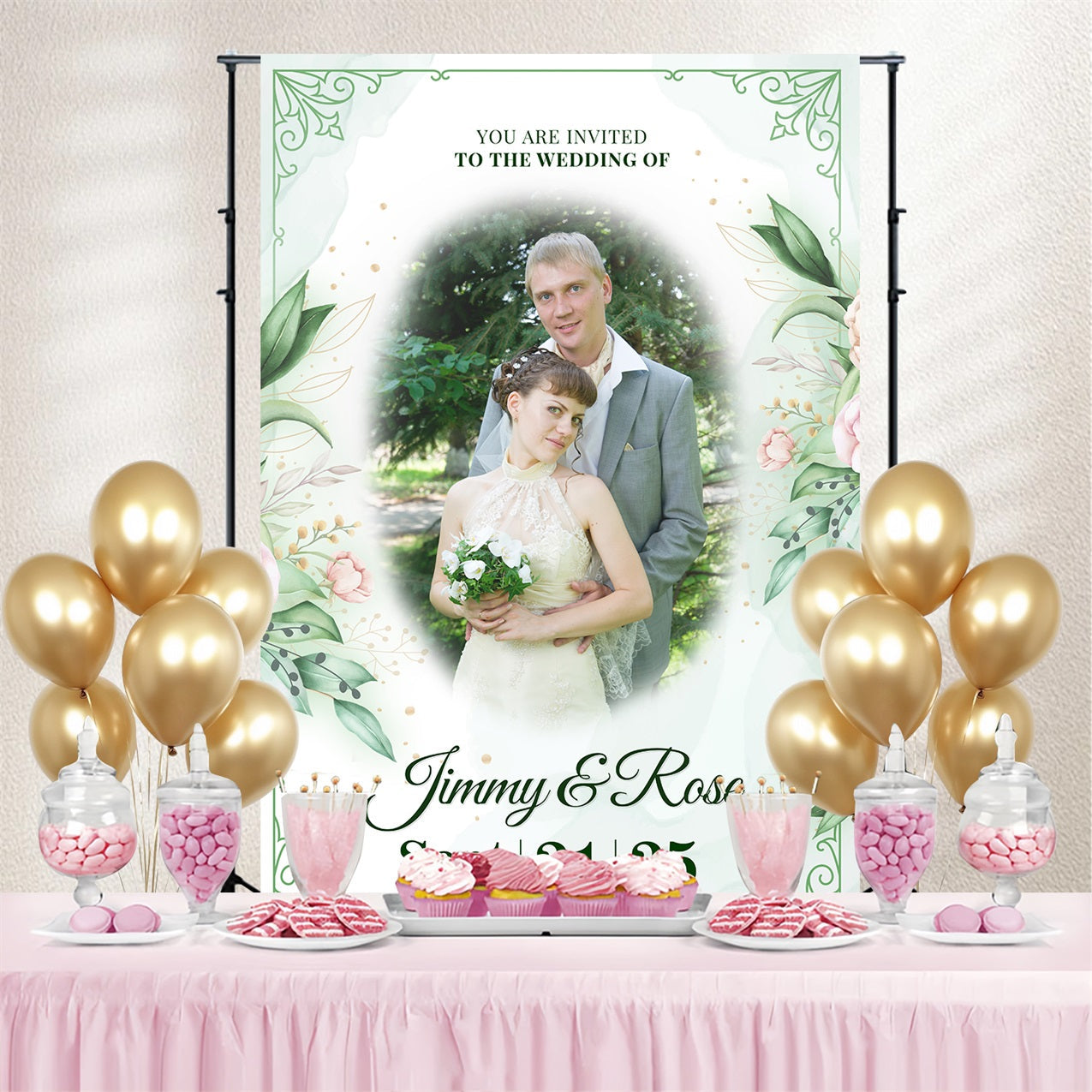 Toile de Fond Photo Mariage Vert Floral Personnalisée BRP3-211
