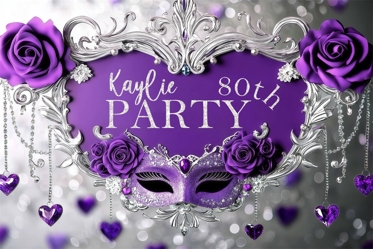 Toile de fond Photo Anniversaire Personnalisable Masque Violet Roses Paillettes BRP3-245