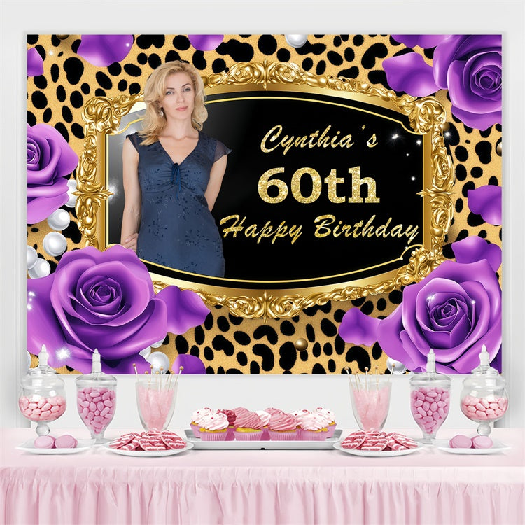 Toile de fond Anniversaire Personnalisé Cadre Léopard Doré Rose 60ème BRP3-246