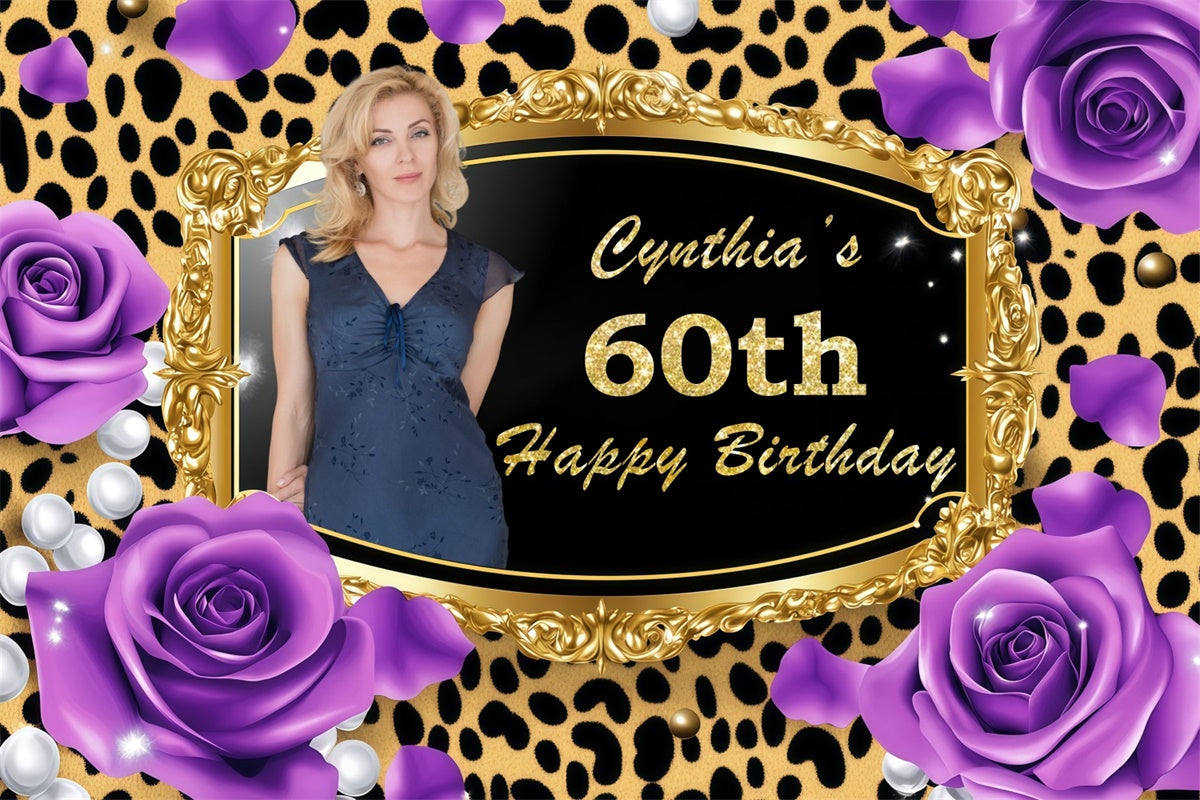Toile de fond Anniversaire Personnalisé Cadre Léopard Doré Rose 60ème BRP3-246