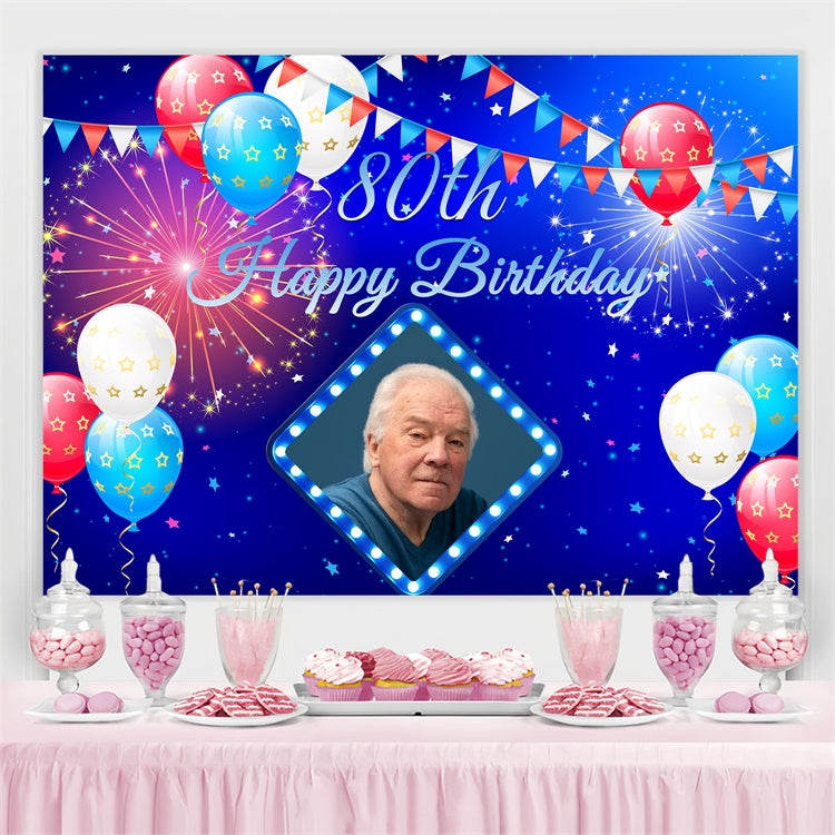 Toile de fond Photo Anniversaire Personnalisée Feux d'Artifice Bleus Ballons Fête BRP3-258