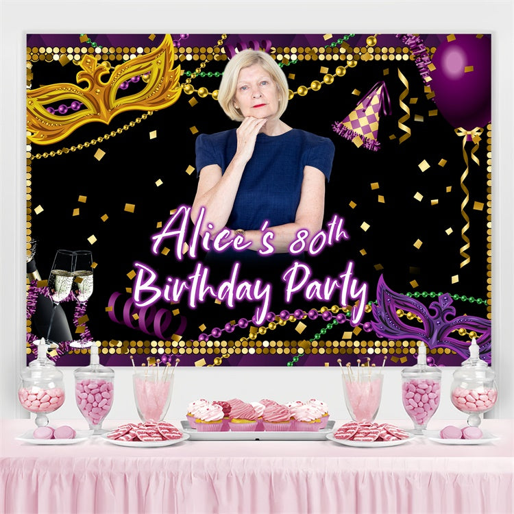 Toile de fond Anniversaire Personnalisée Masque Violet Or Glamour 80ème BRP3-266