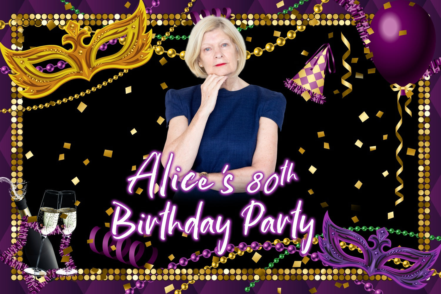 Toile de fond Anniversaire Personnalisée Masque Violet Or Glamour 80ème BRP3-266