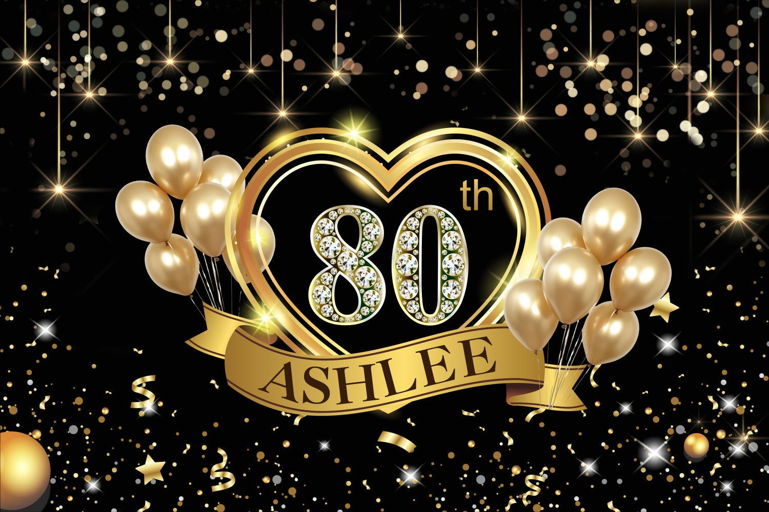 Toile de fond Deco Anniversaire Personnalisée Ballon Cœur Doré 80ème BRP3-270