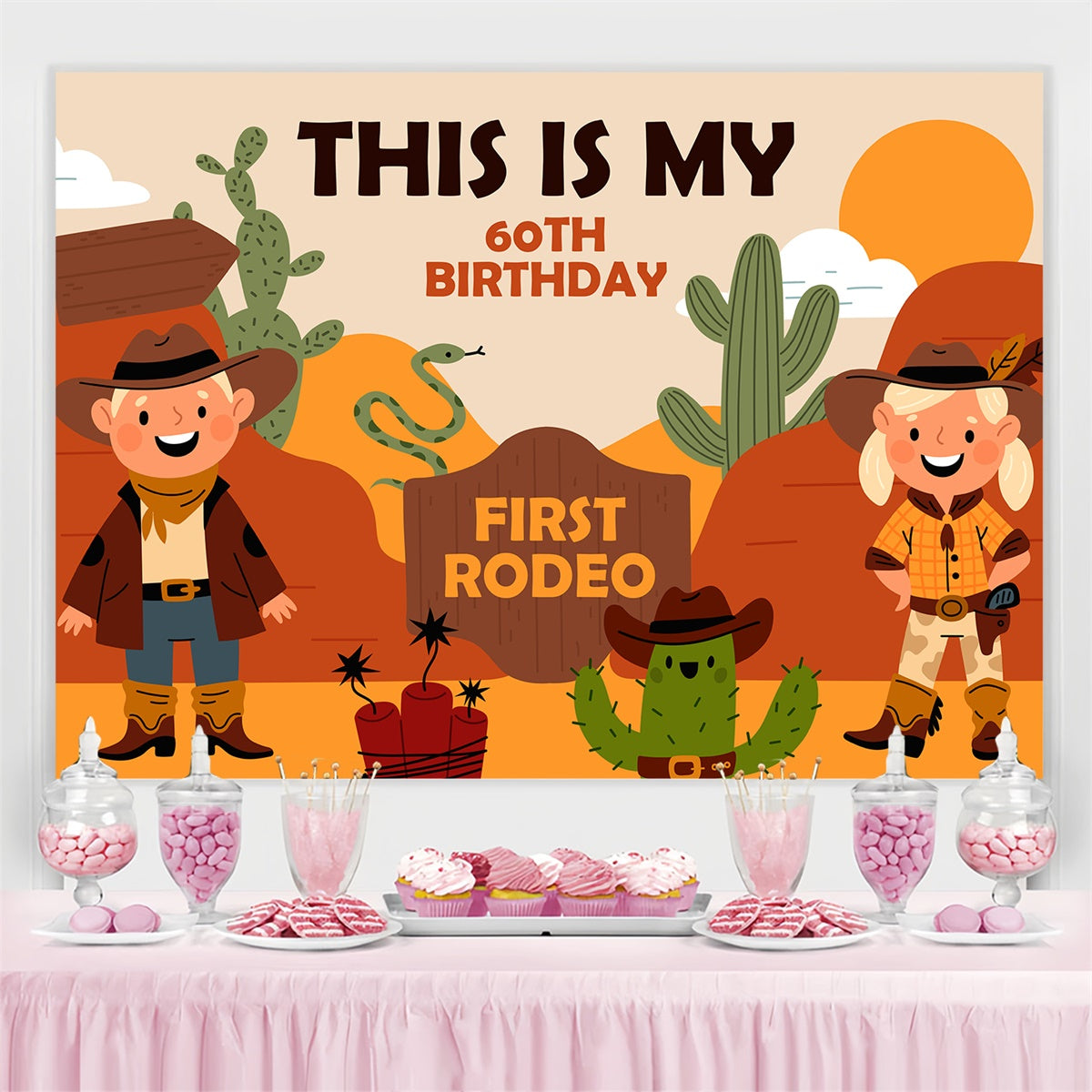 Toile de fond Anniversaire Personnalisable Aventure Cowboy Western 60ème BRP3-33