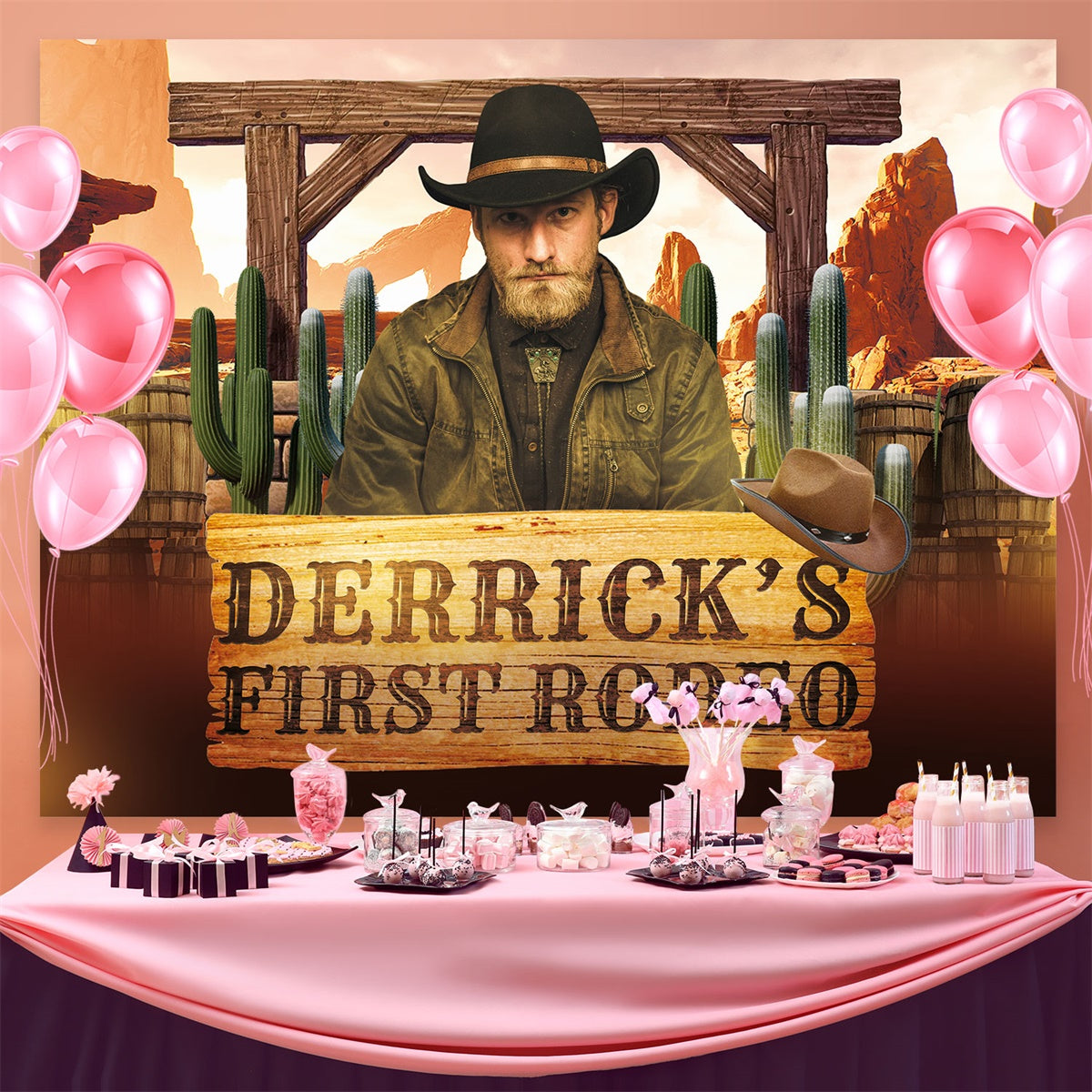 Toile de fond Anniversaire Personnalisable Cactus Cowboy Rustique BRP3-42