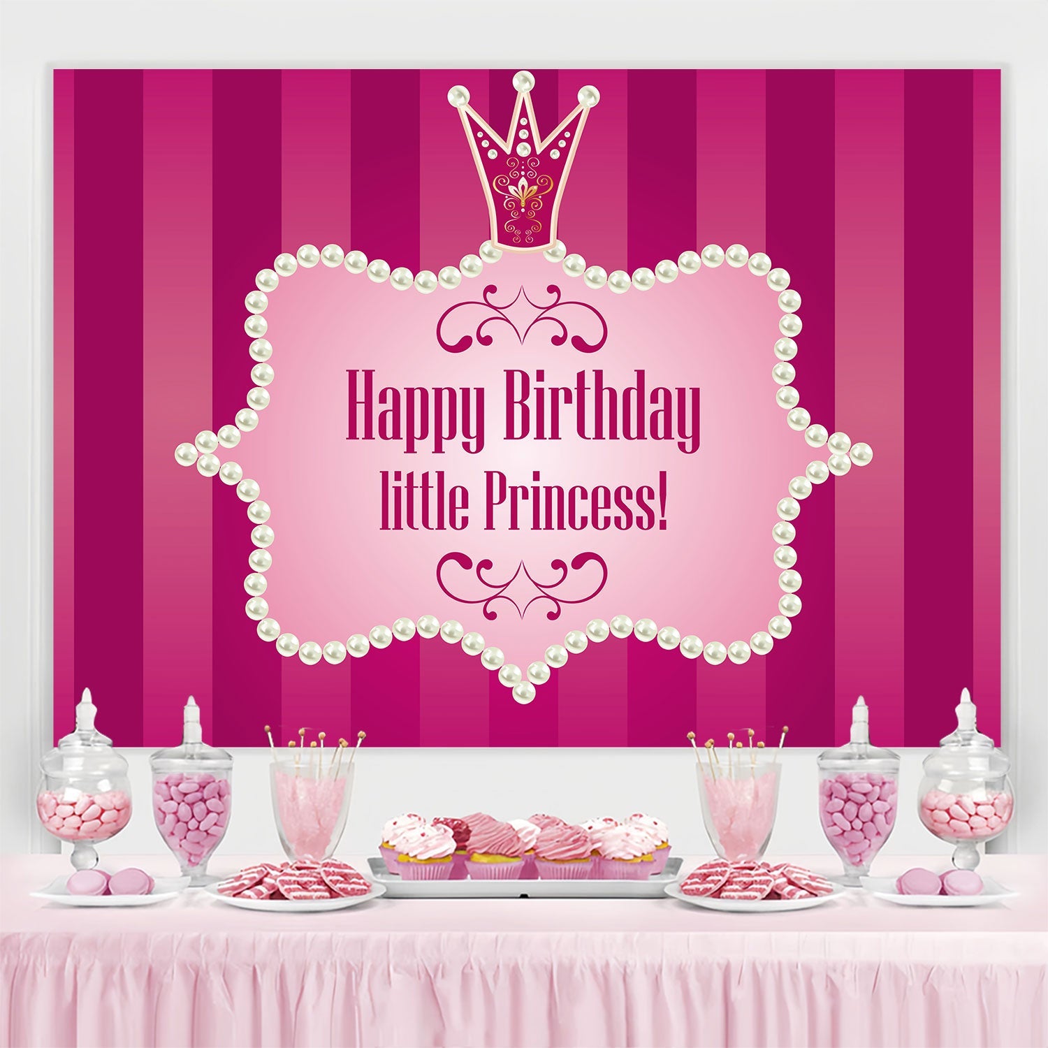 Toile de fond Deco Anniversaire Couronne Perles Roses BRP3-46