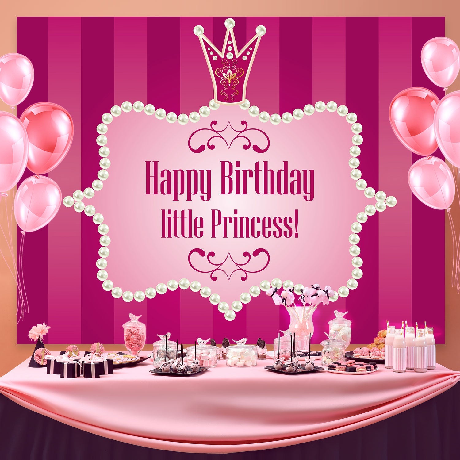 Toile de fond Deco Anniversaire Couronne Perles Roses BRP3-46