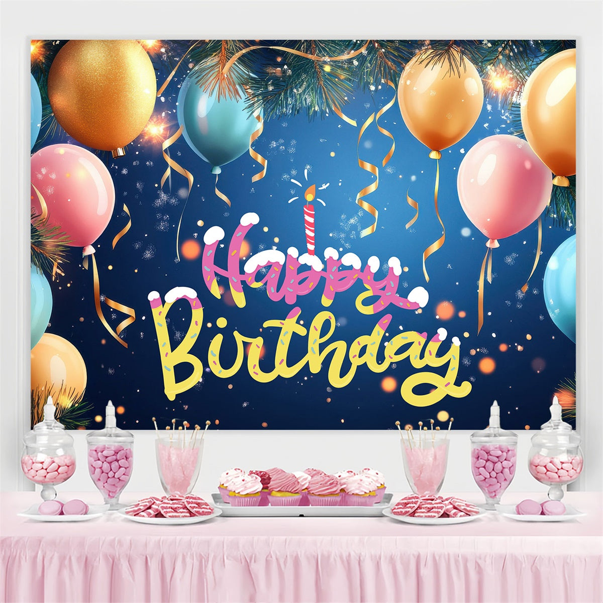 Toile de fond Photo Anniversaire Festif Sapin Ballons BRP3-70