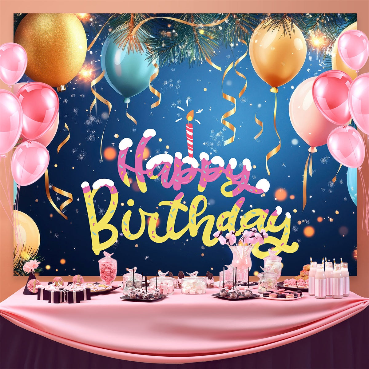 Toile de fond Photo Anniversaire Festif Sapin Ballons BRP3-70
