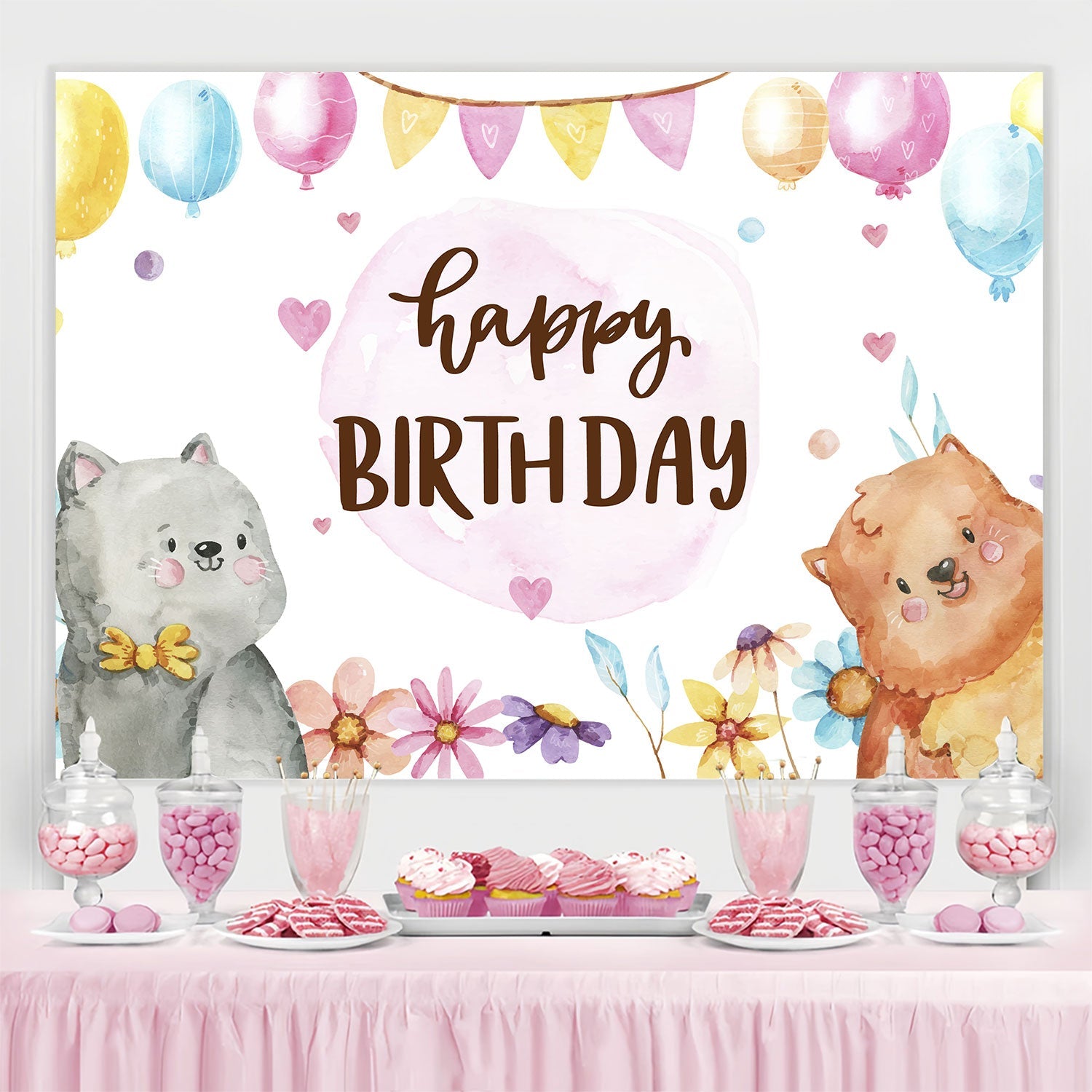 Toile de fond Deco Anniversaire Aquarelle Animaux Mignons BRP3-74