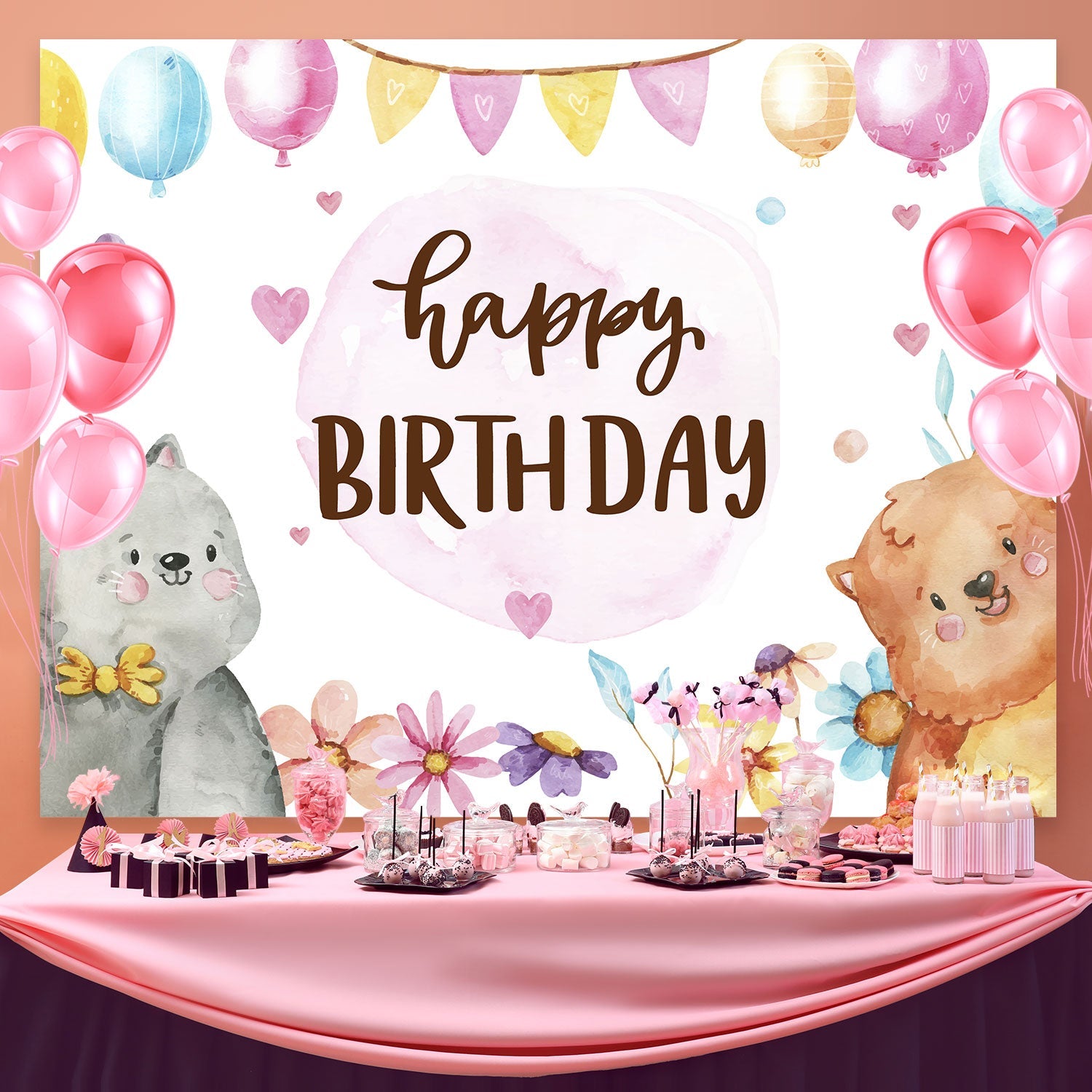 Toile de fond Deco Anniversaire Aquarelle Animaux Mignons BRP3-74