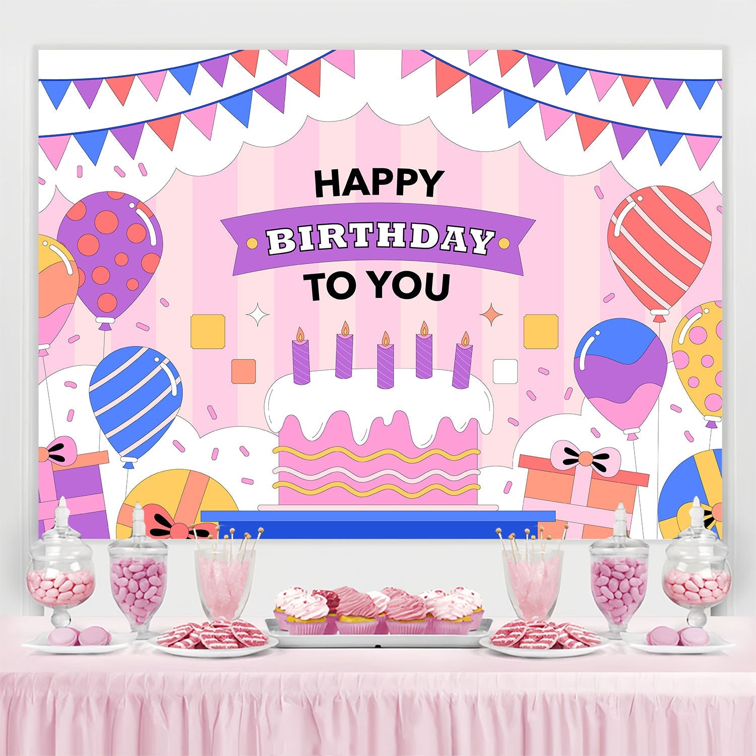 Toile de fond Anniversaire Personnalisable Ballons Colorés Gâteau BRP3-75