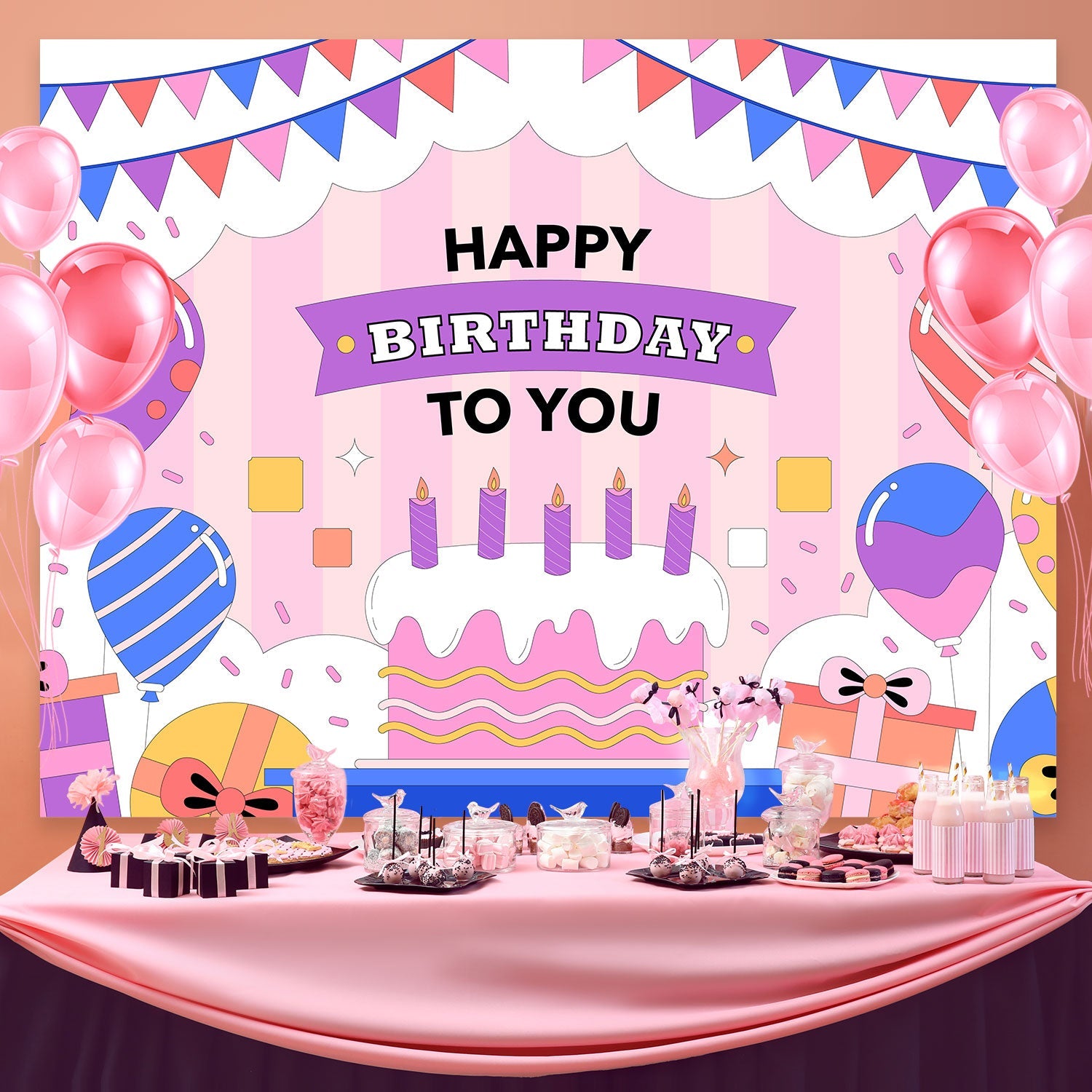 Toile de fond Anniversaire Personnalisable Ballons Colorés Gâteau BRP3-75