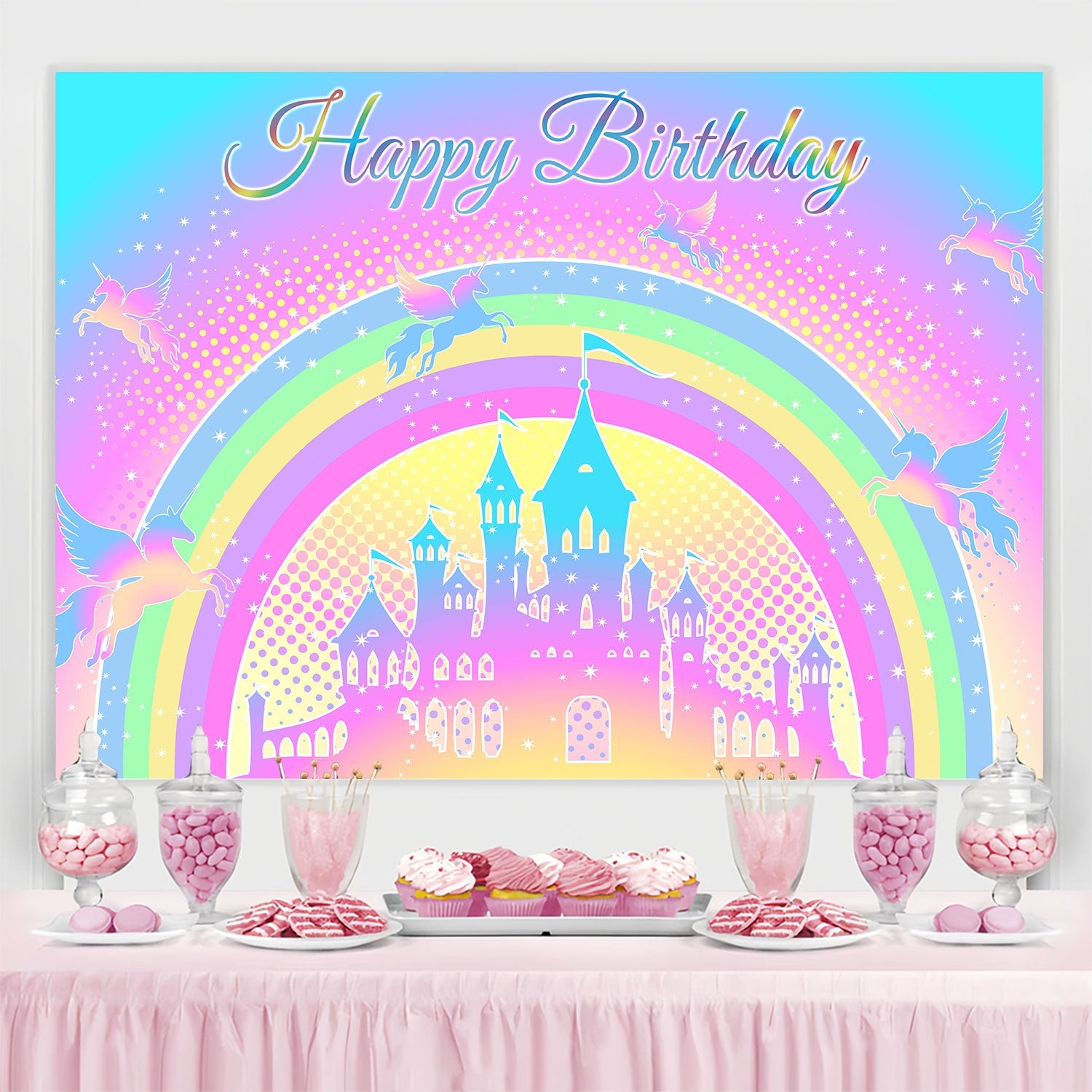 Toile de fond Anniversaire Personnalisable Château Licorne Magique BRP3-83