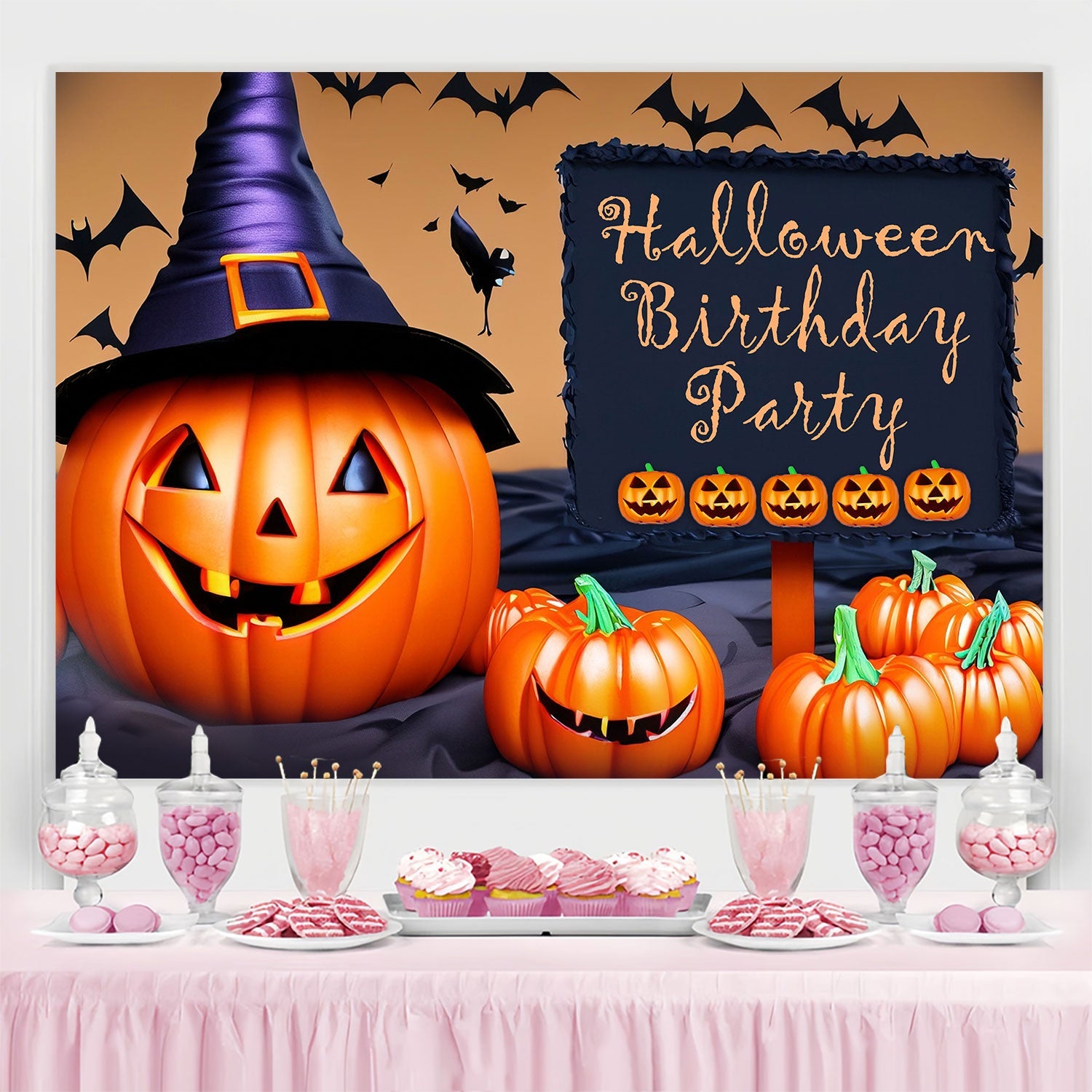 Toile de fond Anniversaire Personnalisé Chapeau Sorcière Citrouille BRP3-88