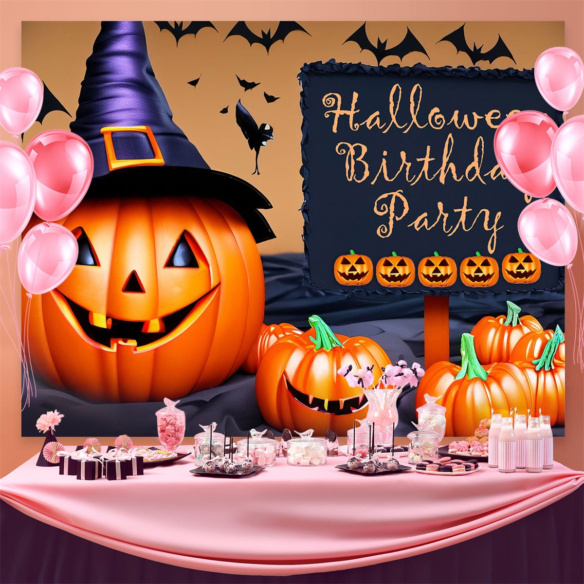 Toile de fond Anniversaire Personnalisé Chapeau Sorcière Citrouille BRP3-88